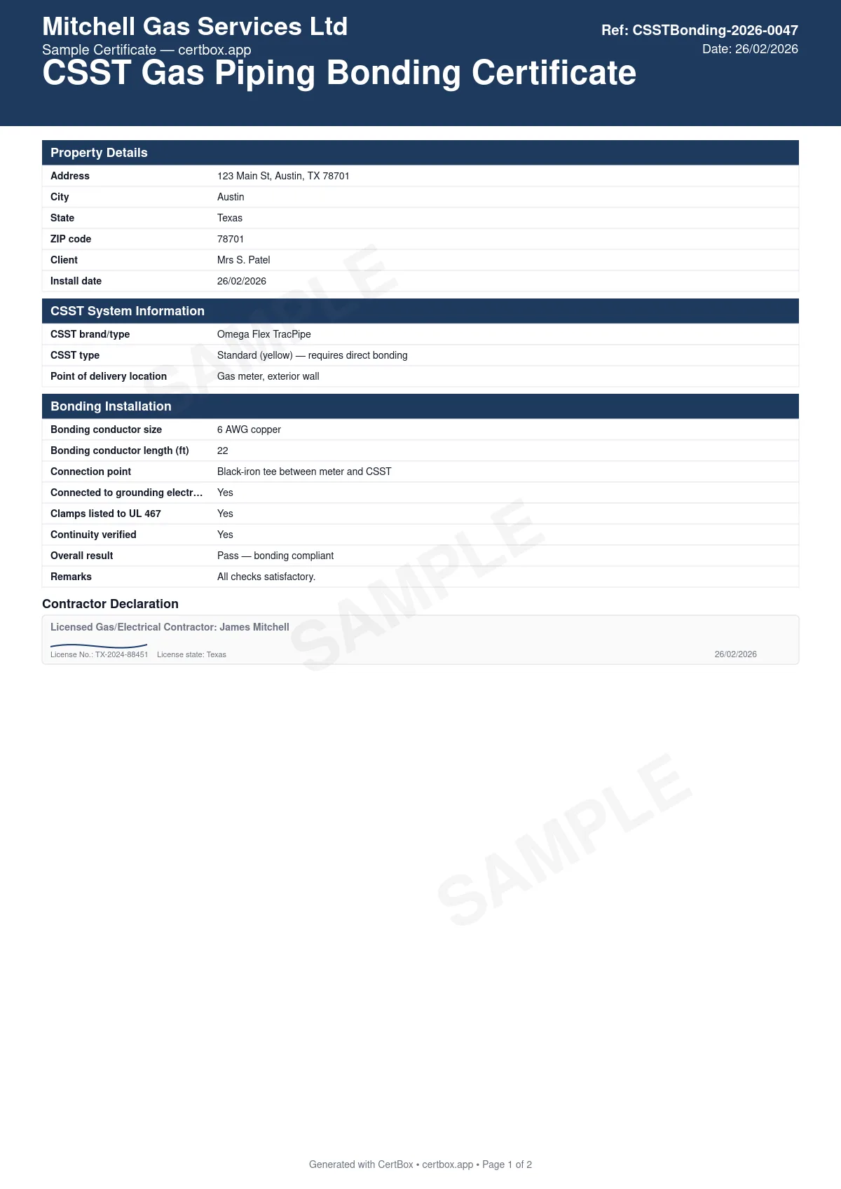 Sample CSST Gas Piping Bonding Certificate certificate created with CertBox, showing the professional PDF layout with csst type (standard or arc-resistant), bonding conductor size and length, connection point on the gas piping