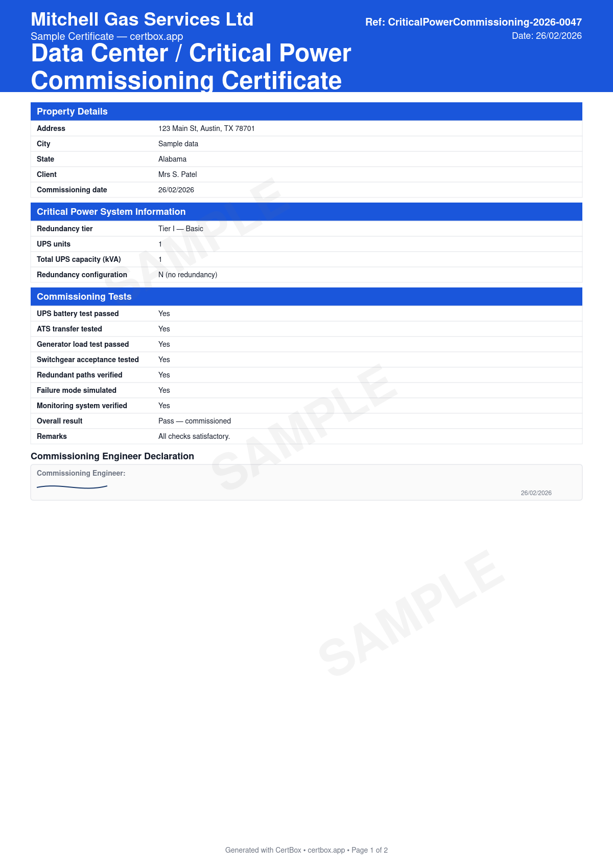 Sample Data Center / Critical Power Commissioning Certificate certificate created with CertBox, showing the professional PDF layout with systems commissioned (ups, generator, ats, distribution), insulation resistance and protective device tests, load bank and battery runtime tests