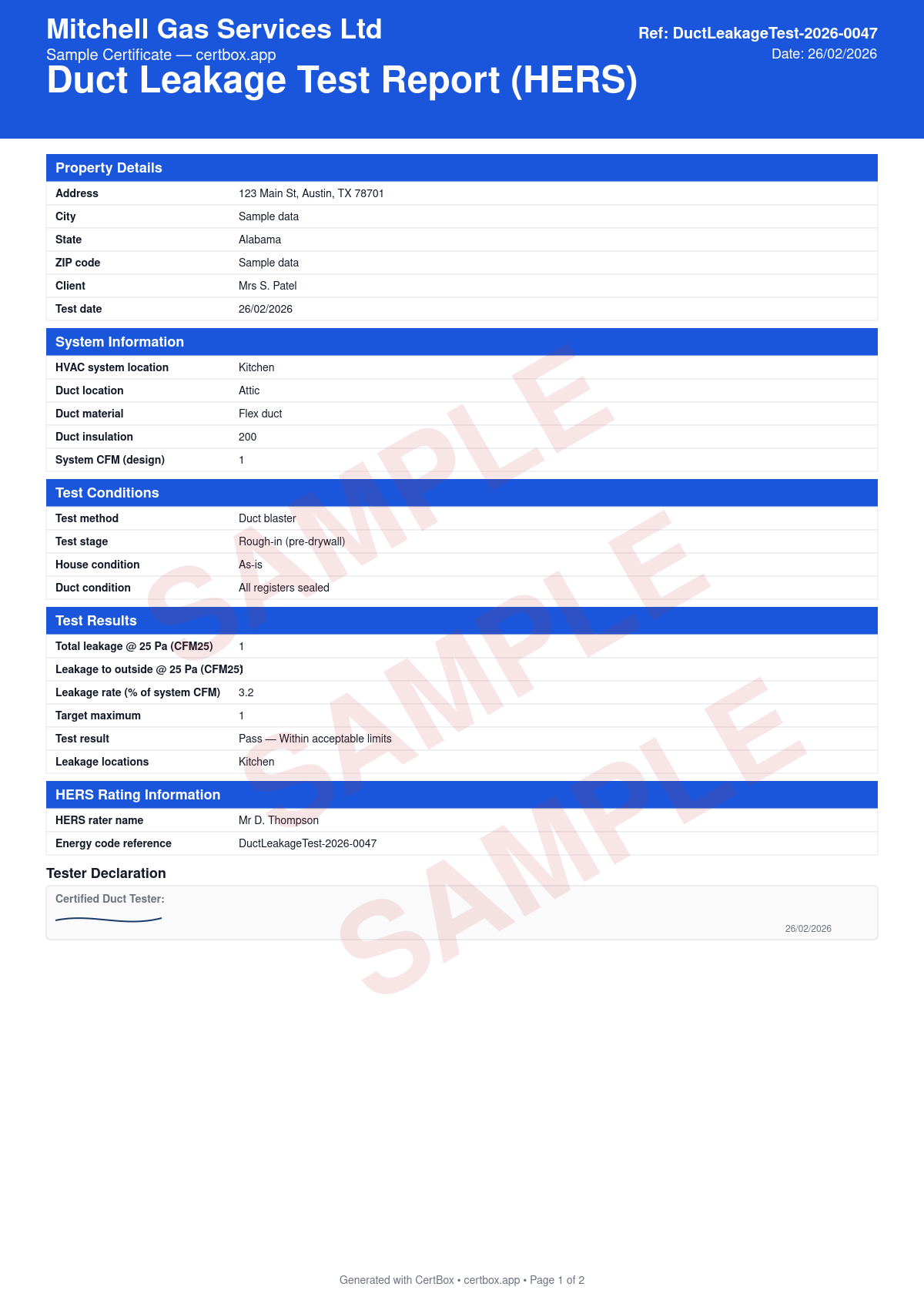 Sample Duct Leakage Test Report (HERS) certificate created with CertBox, showing the professional PDF layout with duct system details and location, test method and conditions, total leakage (cfm25)