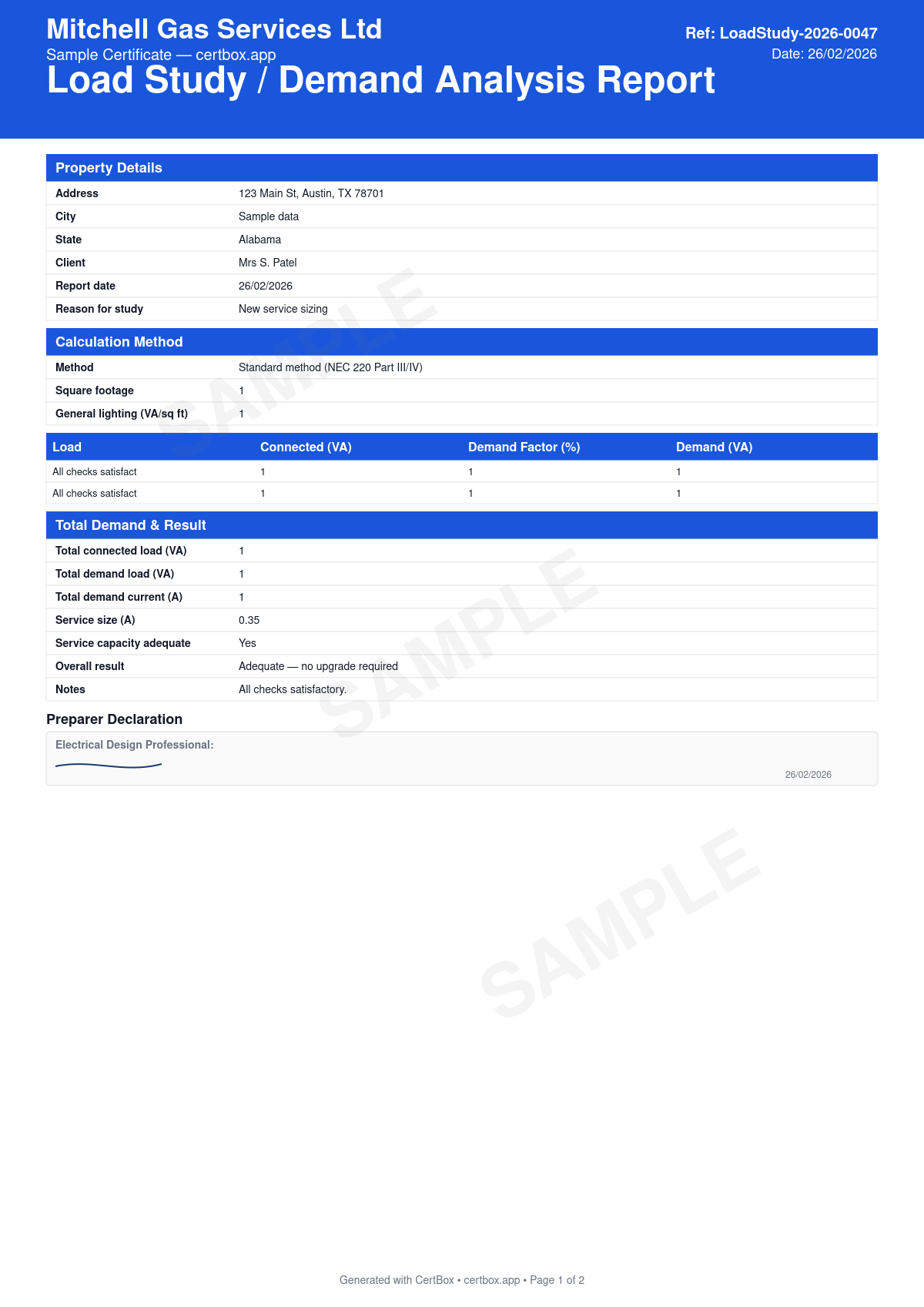 Sample Load Study / Demand Analysis Report certificate created with CertBox, showing the professional PDF layout with connected and demand loads by category, calculation method (standard or optional), existing service and feeder capacity