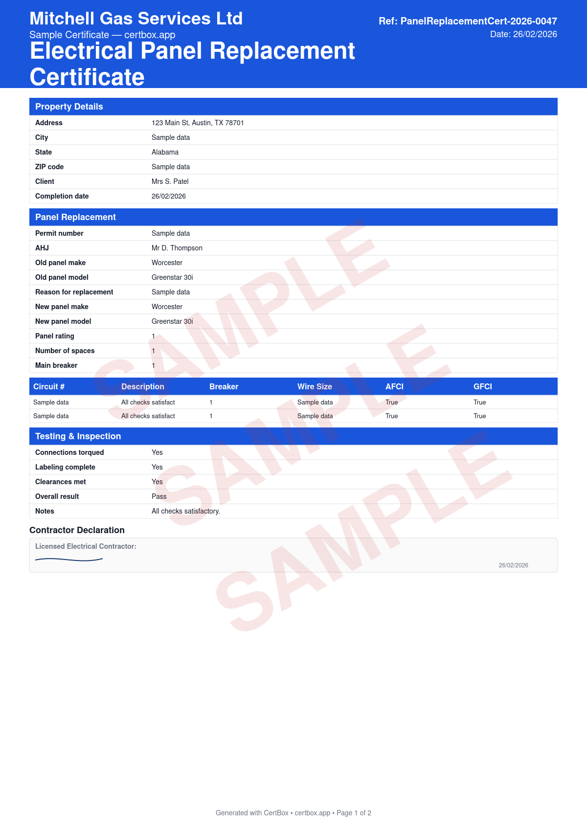 Sample Electrical Panel Replacement Certificate certificate created with CertBox, showing the professional PDF layout with old and new panel identification, circuit schedule documentation, afci/gfci protection requirements