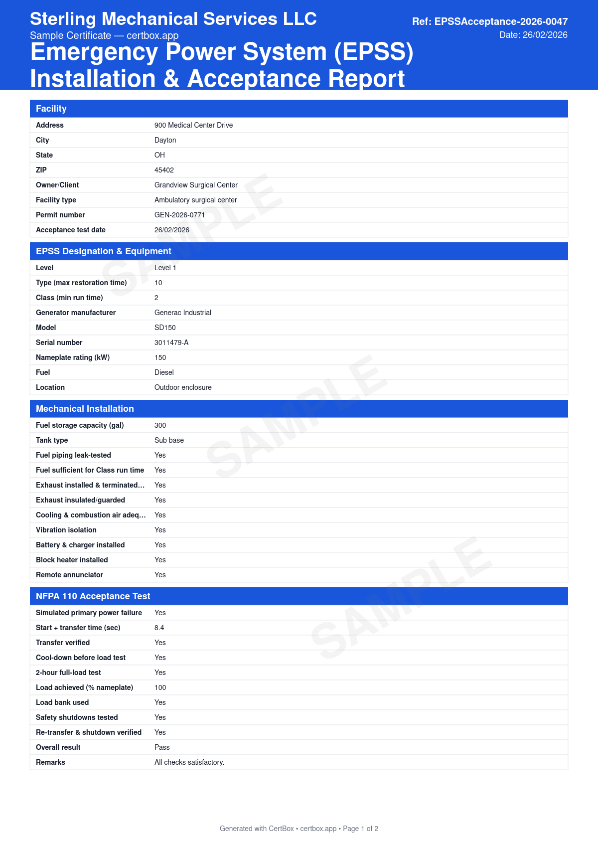 Sample Emergency Power System (EPSS) Installation & Acceptance Report certificate created with CertBox, showing the professional PDF layout with epss level, type and class designation, generator and fuel system details, exhaust, ventilation and vibration isolation