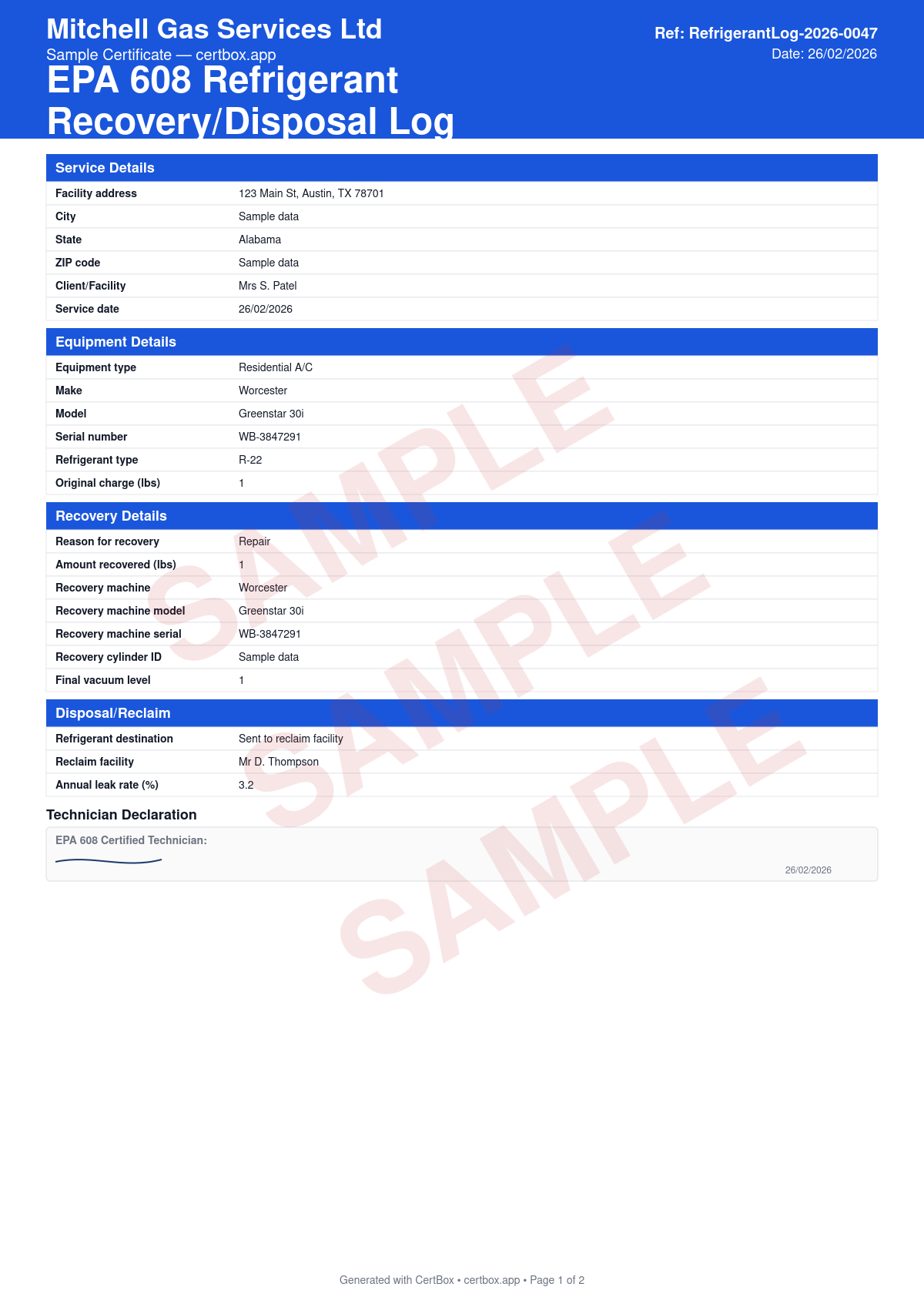Sample EPA 608 Refrigerant Recovery/Disposal Log certificate created with CertBox, showing the professional PDF layout with equipment identification and refrigerant type, amount recovered in pounds, recovery equipment details