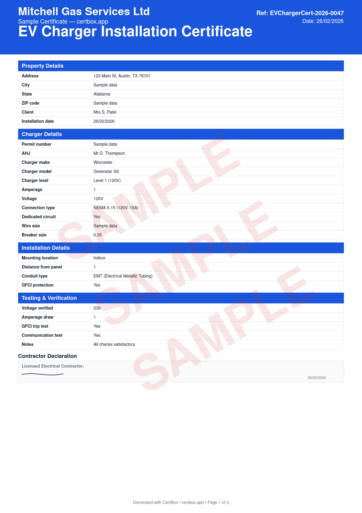 Sample EV Charger Installation Certificate certificate created with CertBox, showing the professional PDF layout with charger make, model, and level, circuit amperage and wire sizing, gfci protection