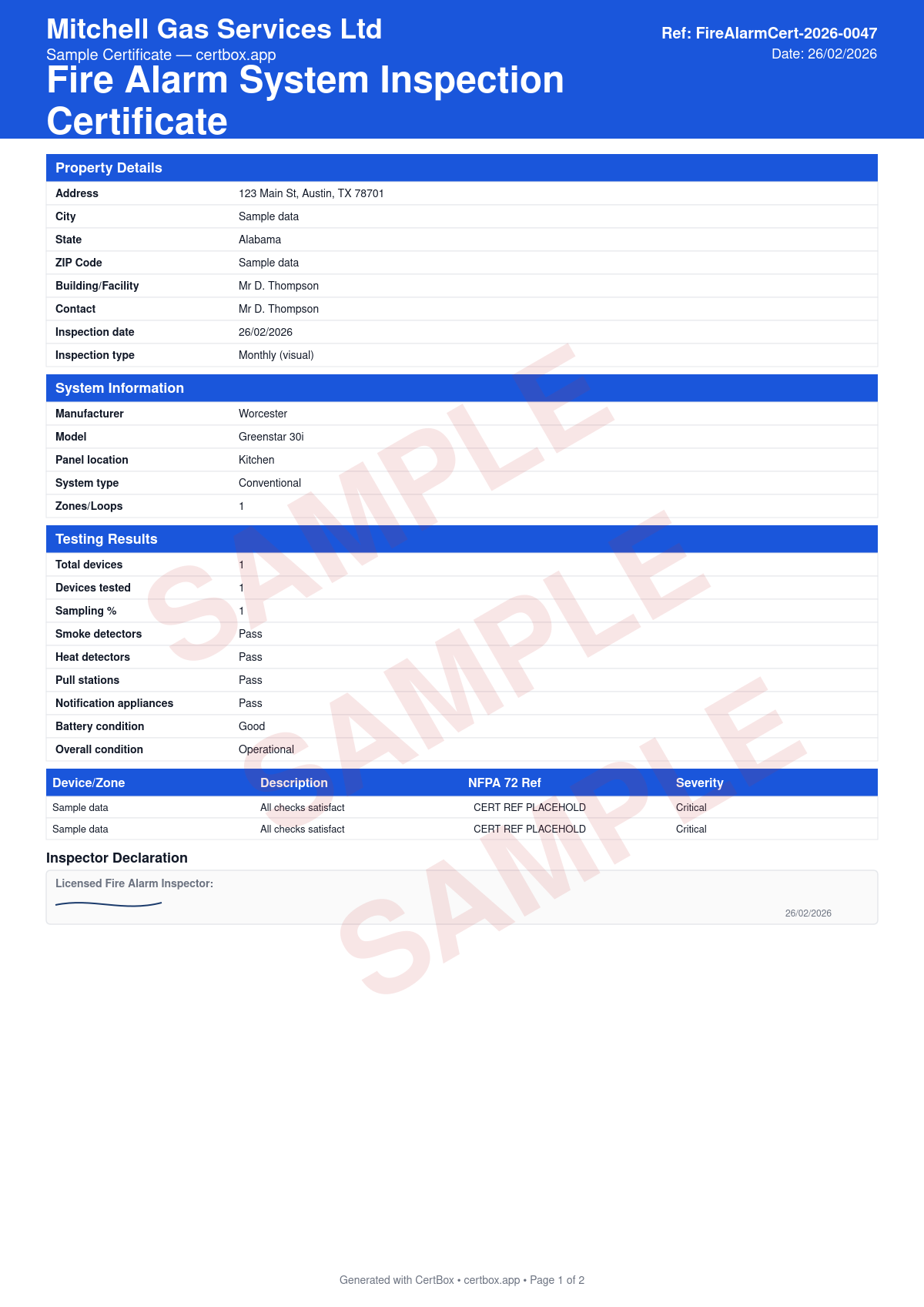 Sample Fire Alarm System Inspection Certificate (NFPA 72) certificate created with CertBox, showing the professional PDF layout with control panel and system type, initiating device testing (smoke, heat, pull stations), notification appliance testing
