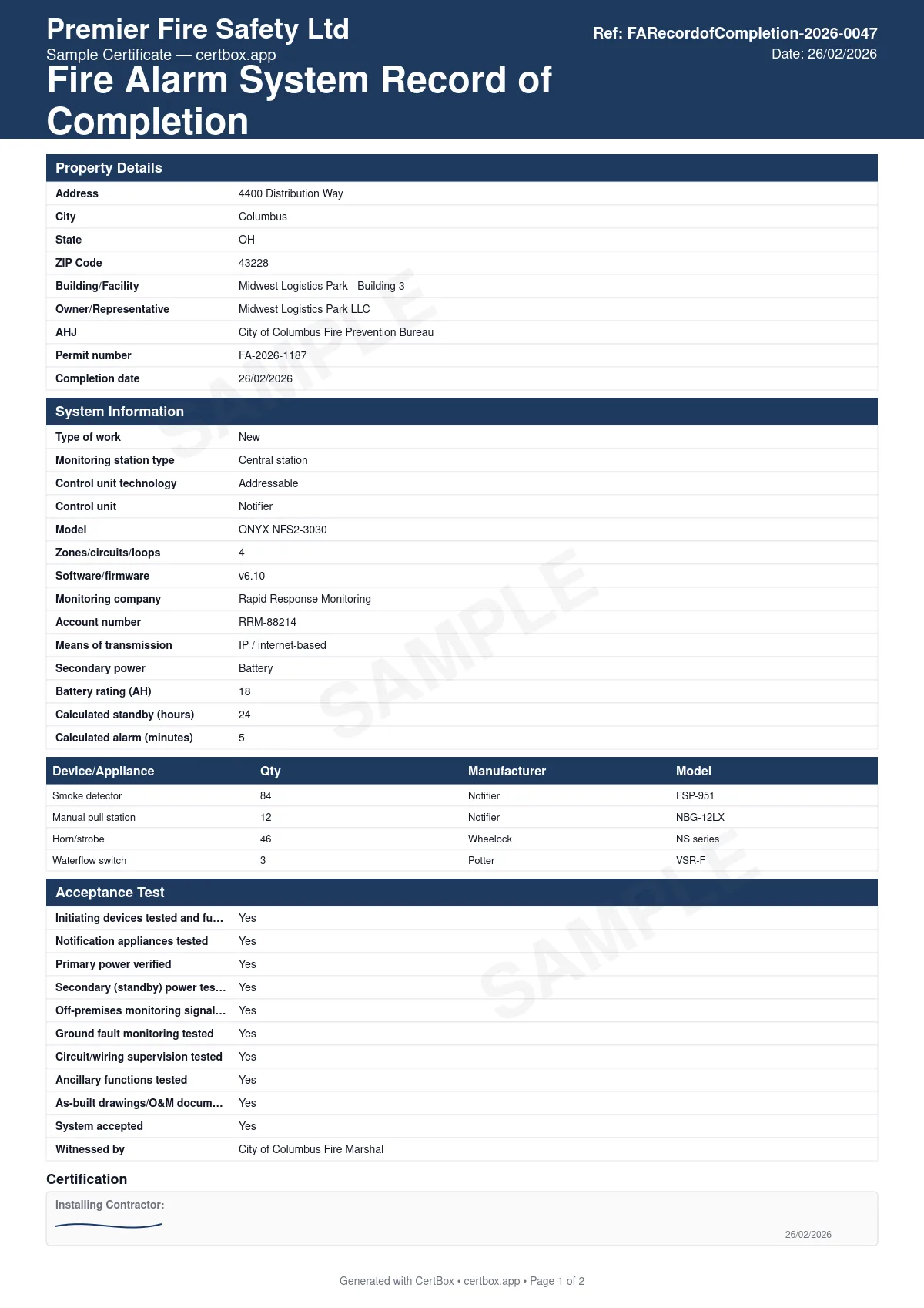 Sample Fire Alarm System Record of Completion certificate created with CertBox, showing the professional PDF layout with control unit technology, zones/loops and means of transmission to monitoring, device inventory by type, manufacturer and model, acceptance test checklist — initiating, notification, power, monitoring, ancillary functions