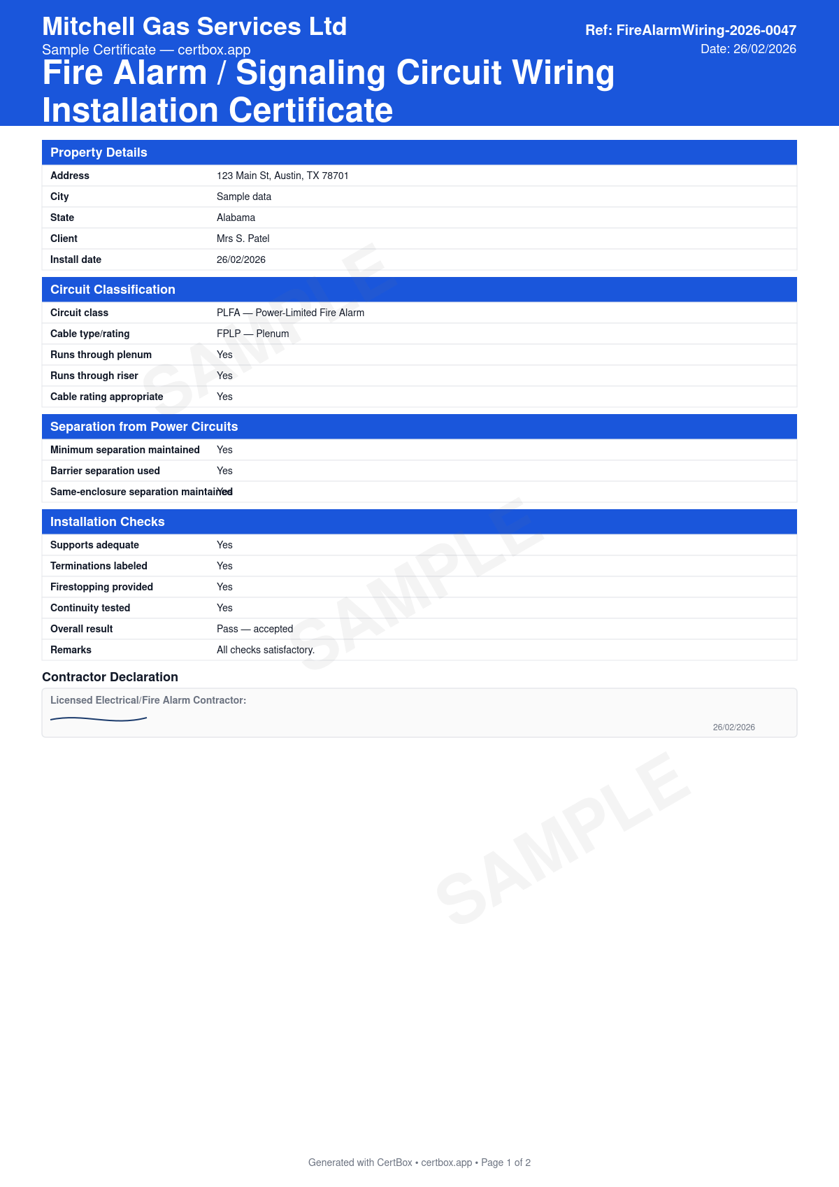 Sample Fire Alarm / Signaling Circuit Wiring Installation Certificate certificate created with CertBox, showing the professional PDF layout with fire alarm cable type and rating, power-limited vs non-power-limited circuits, separation from power conductors