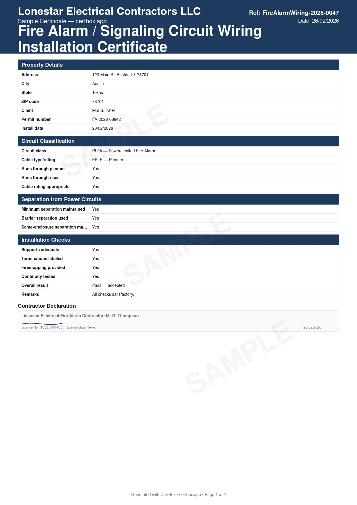 Sample Fire Alarm / Signaling Circuit Wiring Installation Certificate certificate created with CertBox, showing the professional PDF layout with fire alarm cable type and rating, power-limited vs non-power-limited circuits, separation from power conductors