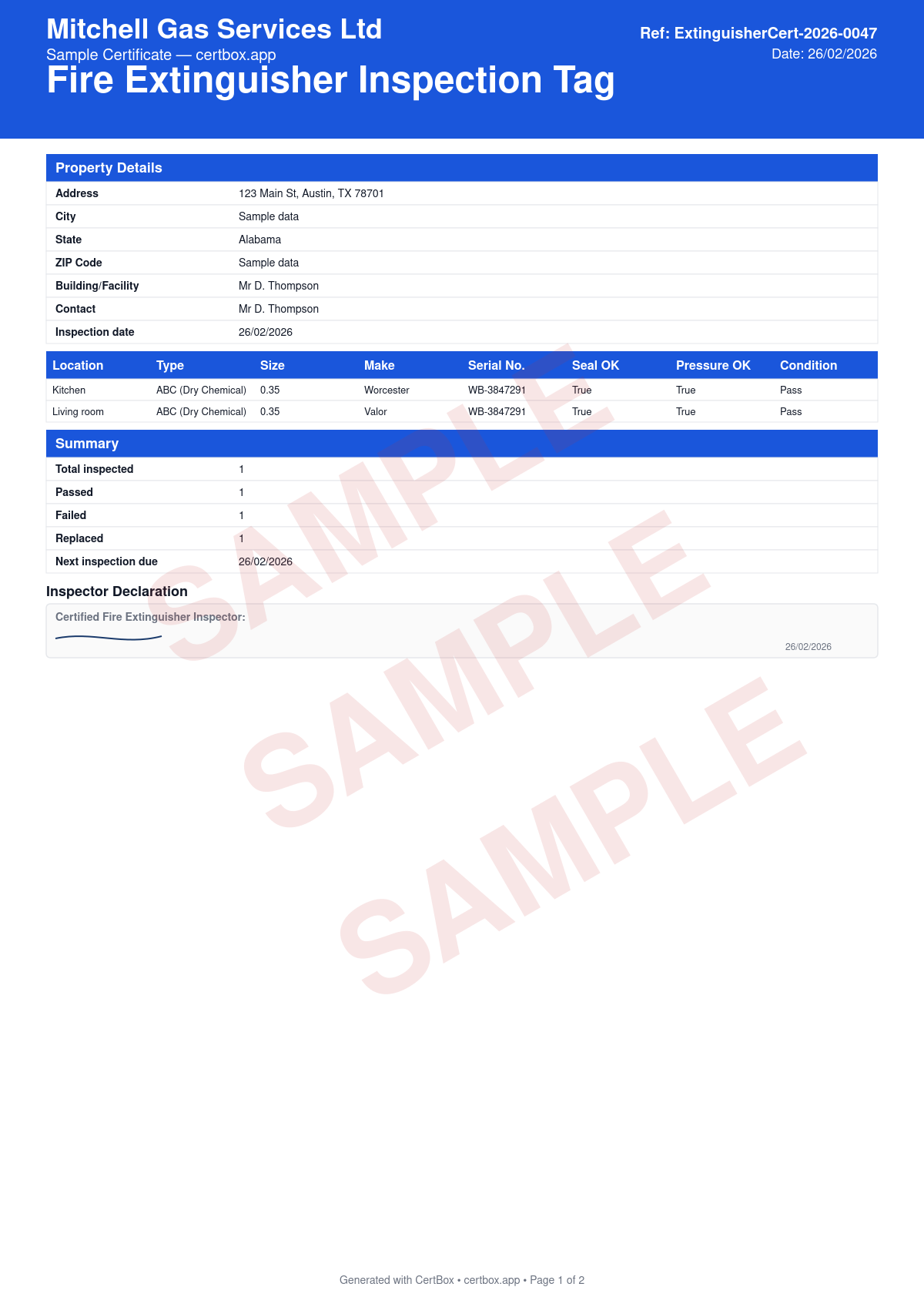 Sample Fire Extinguisher Inspection Tag (NFPA 10) certificate created with CertBox, showing the professional PDF layout with extinguisher type, size, and location, pressure gauge reading, physical condition and tamper seal