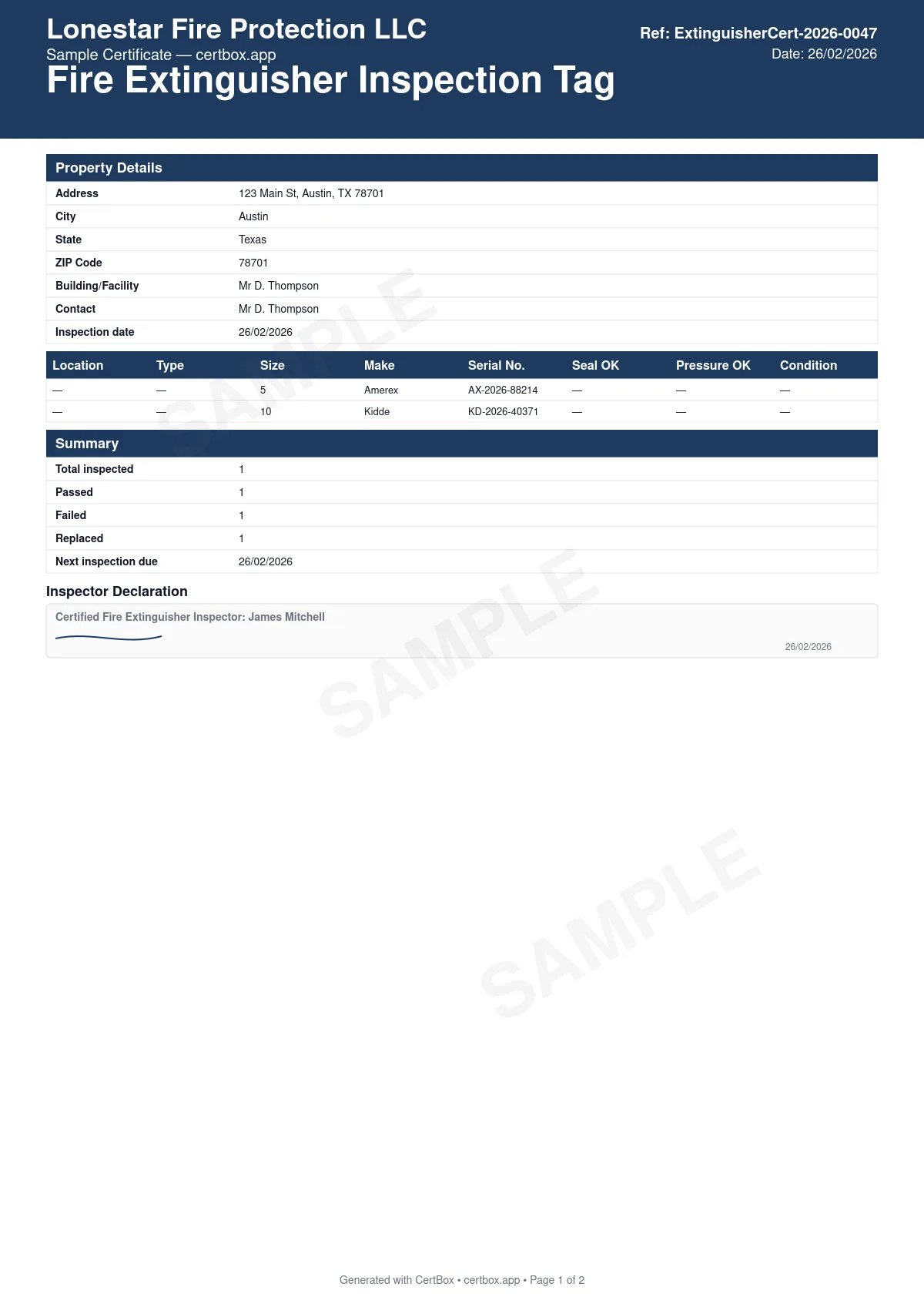 Sample Fire Extinguisher Inspection Tag (NFPA 10) certificate created with CertBox, showing the professional PDF layout with extinguisher type, size, and location, pressure gauge reading, physical condition and tamper seal