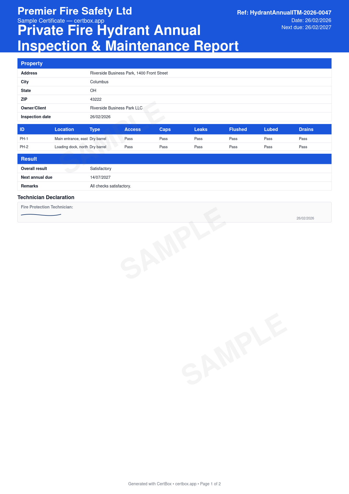 Sample Private Fire Hydrant Annual Inspection & Maintenance Report certificate created with CertBox, showing the professional PDF layout with per-hydrant inspection checklist, full-flow flush until discharge runs clear, annual lubrication of stems, caps and threads