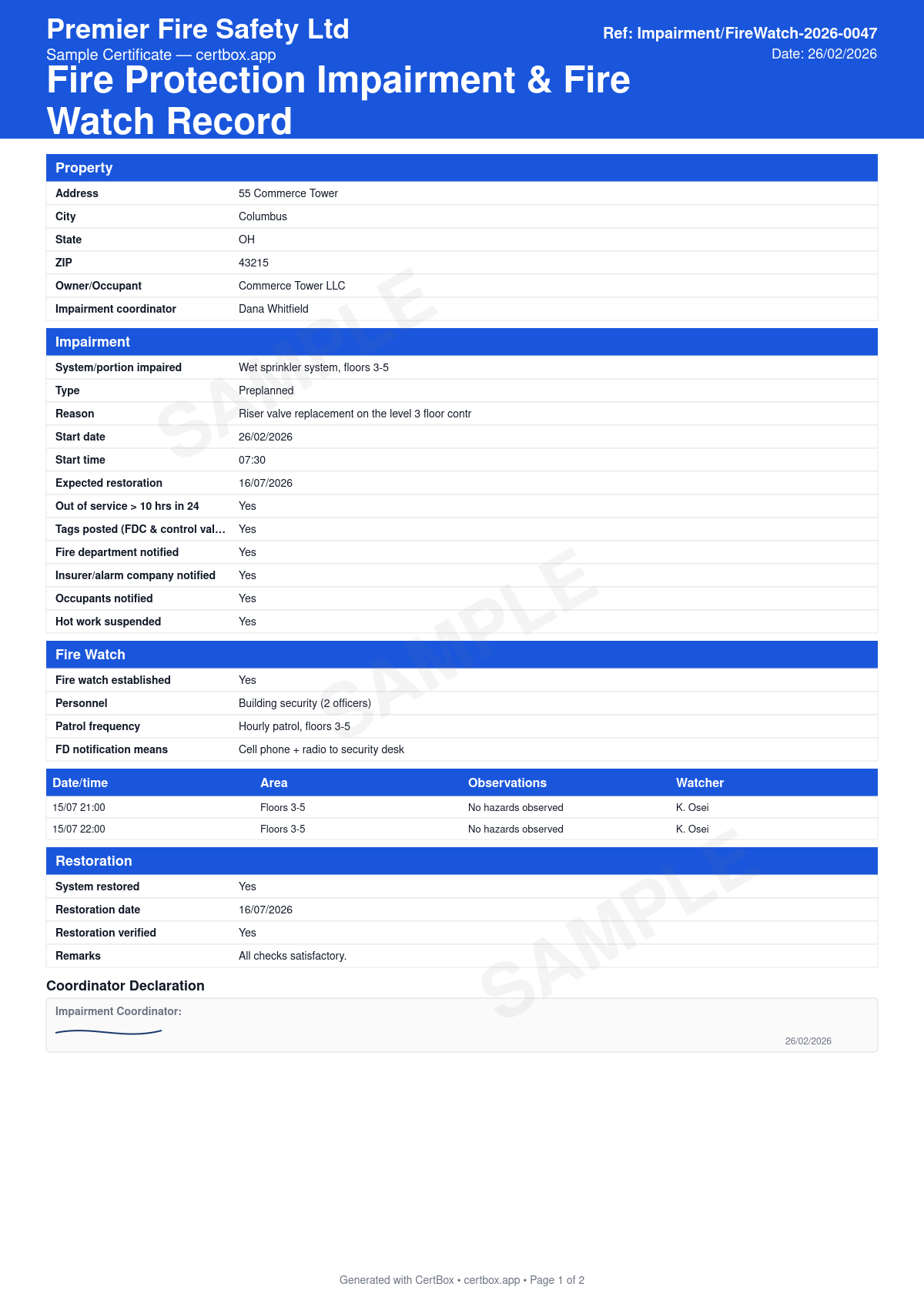 Sample Fire Protection Impairment & Fire Watch Record certificate created with CertBox, showing the professional PDF layout with system impaired and reason, tags at fdc and control valve, fire department and insurer notifications