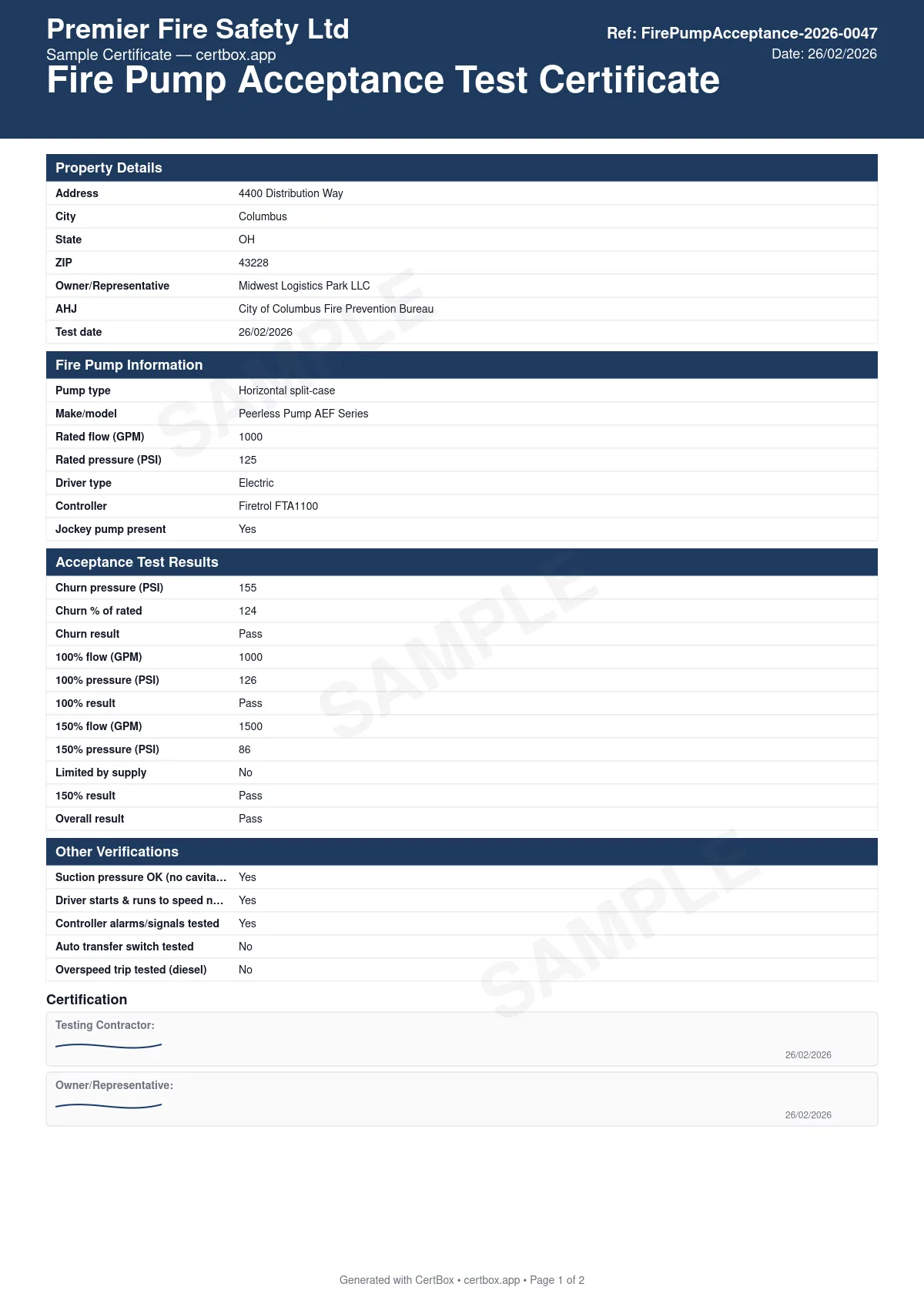 Sample Fire Pump Acceptance Test Certificate certificate created with CertBox, showing the professional PDF layout with pump nameplate data and driver type, churn (no-flow) pressure against the 140% limit, 100% and 150% rated-flow test results