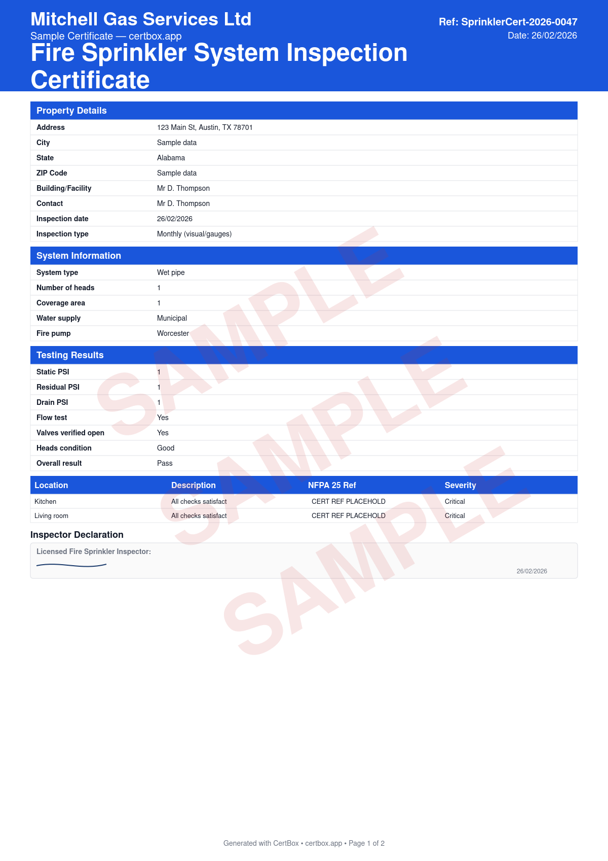 Sample Fire Sprinkler System Inspection Certificate (NFPA 25) certificate created with CertBox, showing the professional PDF layout with system type and coverage, sprinkler head condition, valve positions and tamper switches