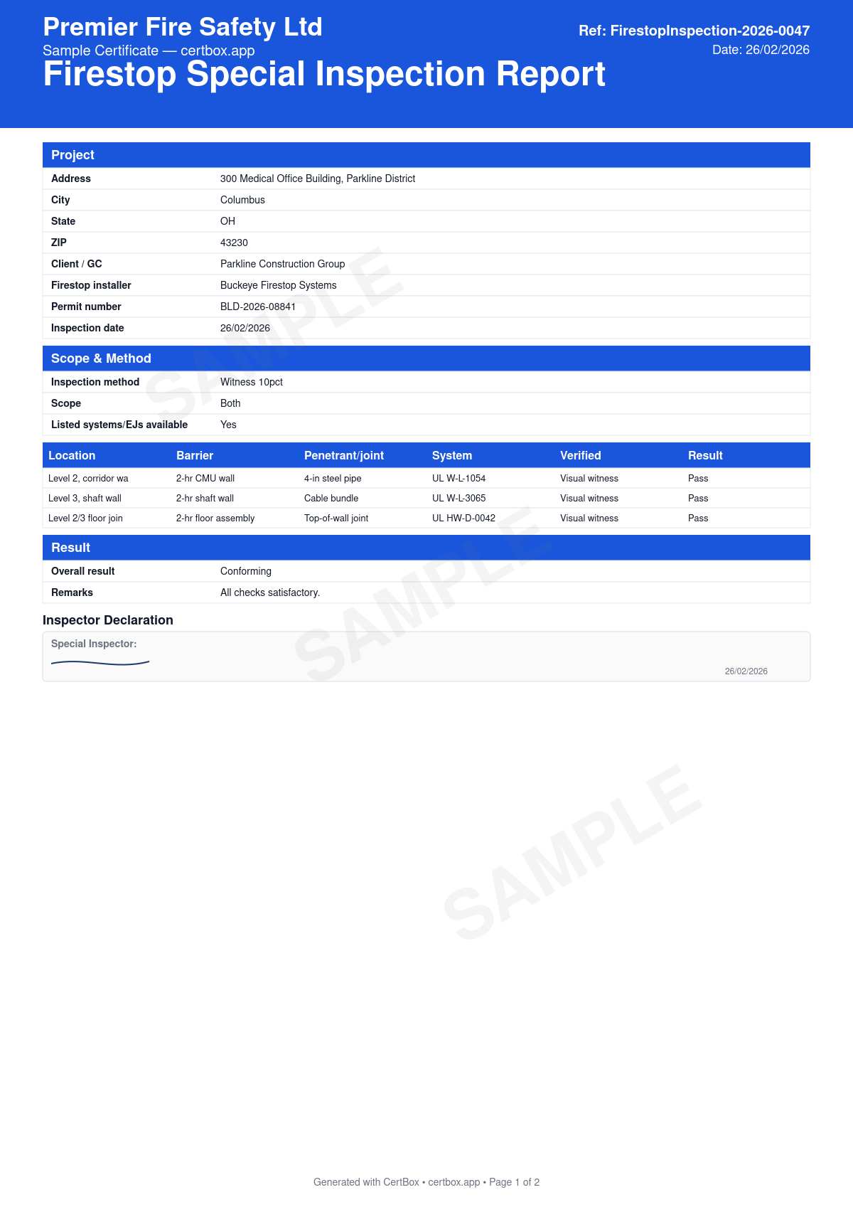 Sample Firestop Special Inspection Report certificate created with CertBox, showing the professional PDF layout with inspection method (10% witnessed or destructive), barrier and rating per item, penetrant/joint type