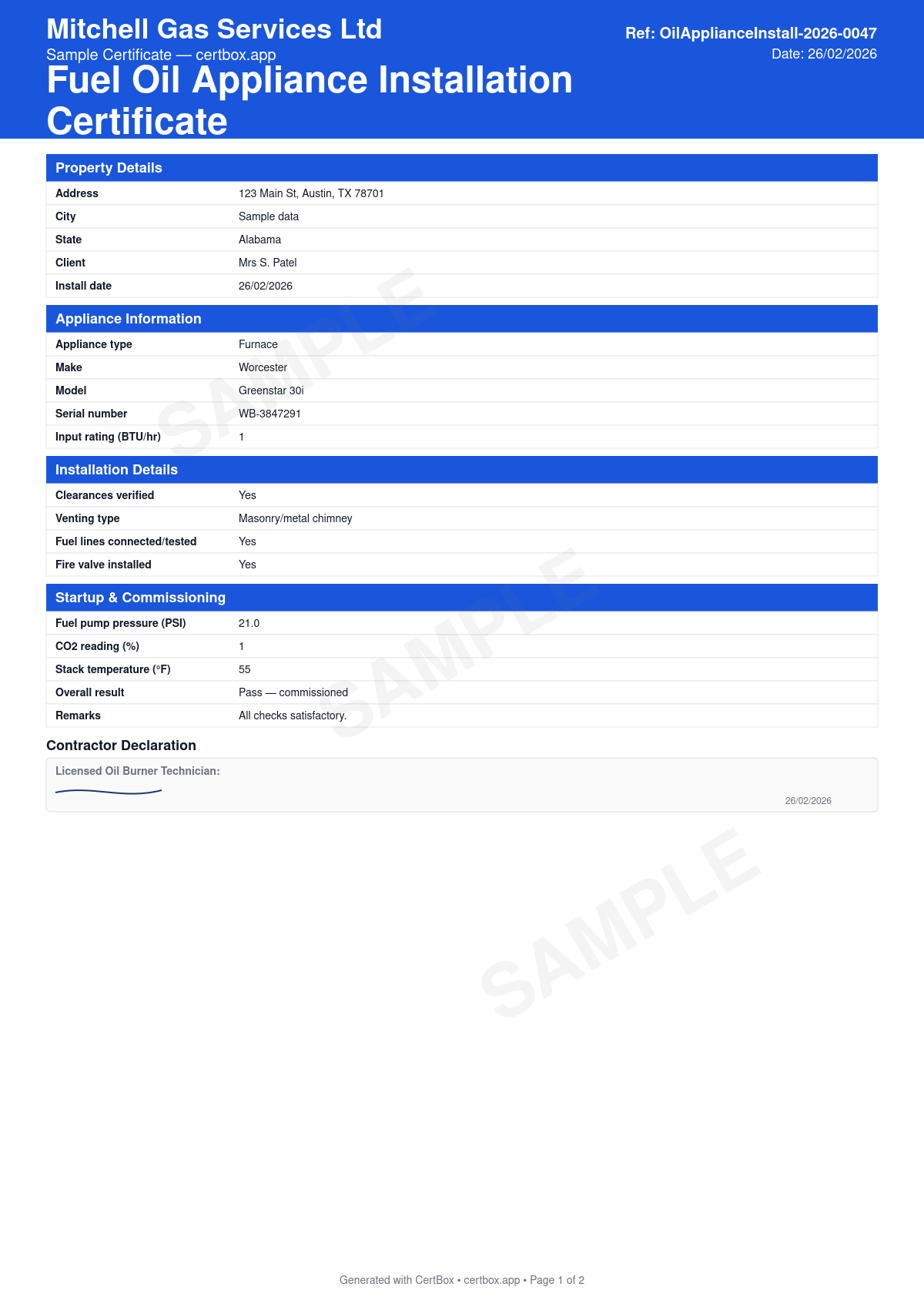 Sample Fuel Oil Appliance Installation Certificate certificate created with CertBox, showing the professional PDF layout with appliance and burner details, oil supply line and filter, venting and combustion air