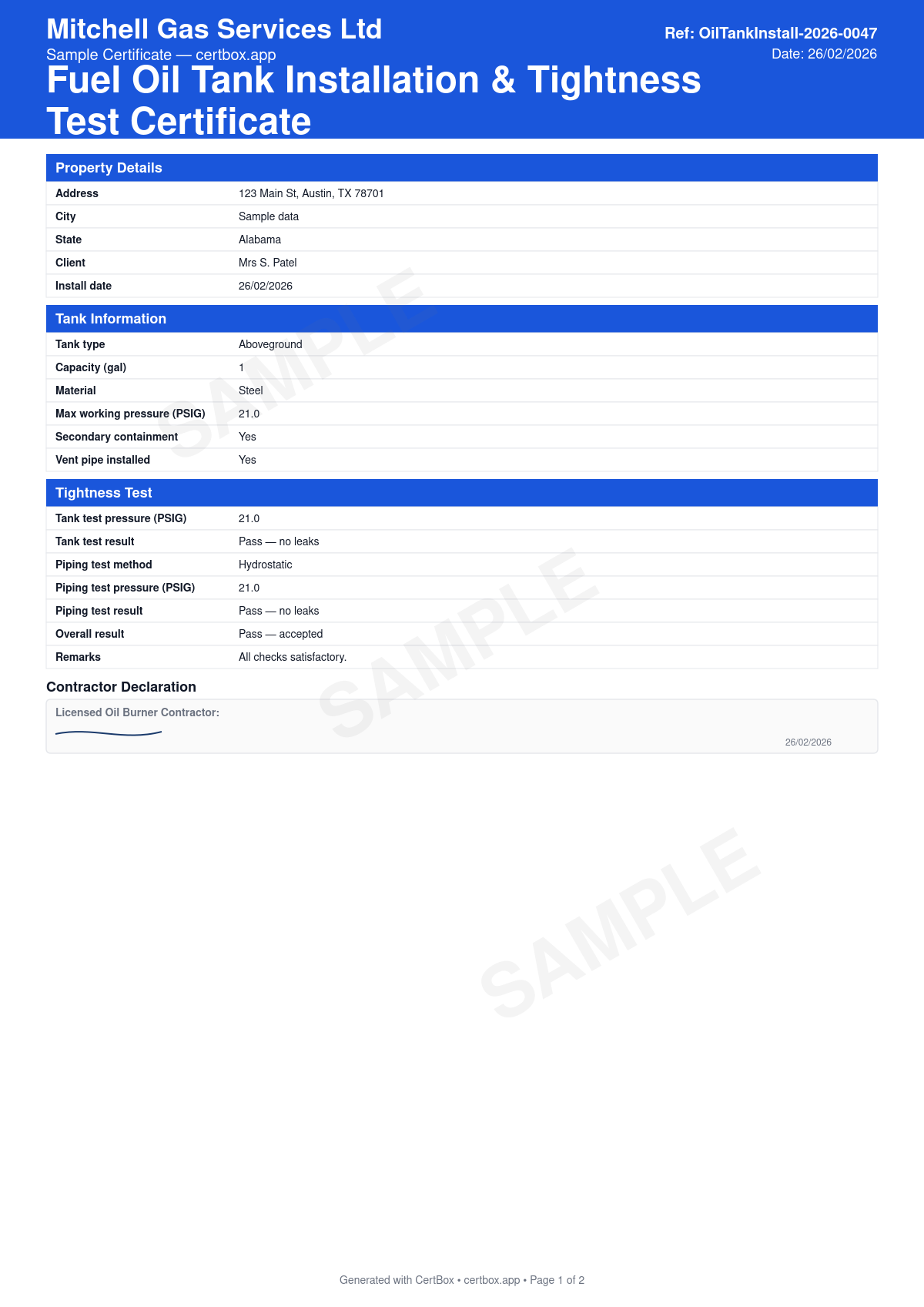 Sample Fuel Oil Tank Installation & Tightness Test Certificate certificate created with CertBox, showing the professional PDF layout with tank type, size and location, supply and vent piping, fill and vent alarm/whistle