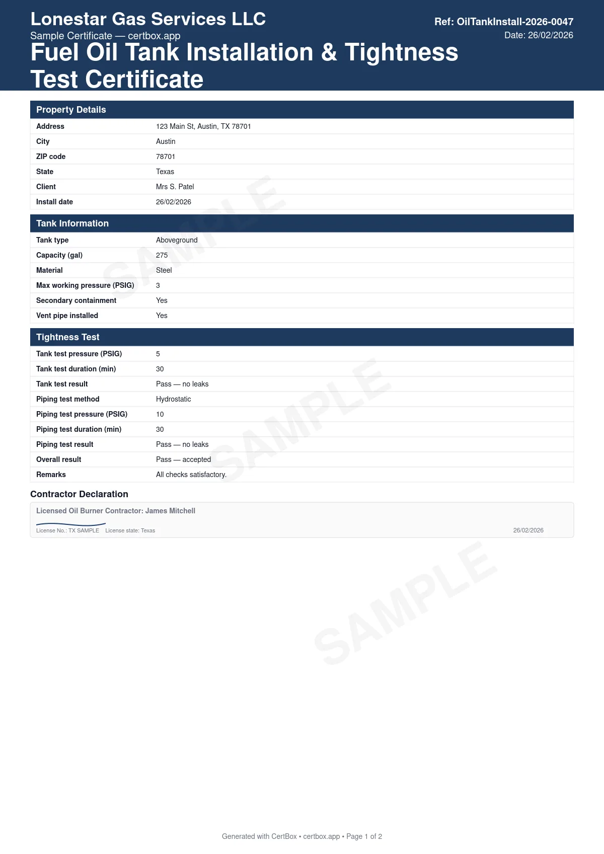 Sample Fuel Oil Tank Installation & Tightness Test Certificate certificate created with CertBox, showing the professional PDF layout with tank type, size and location, supply and vent piping, fill and vent alarm/whistle