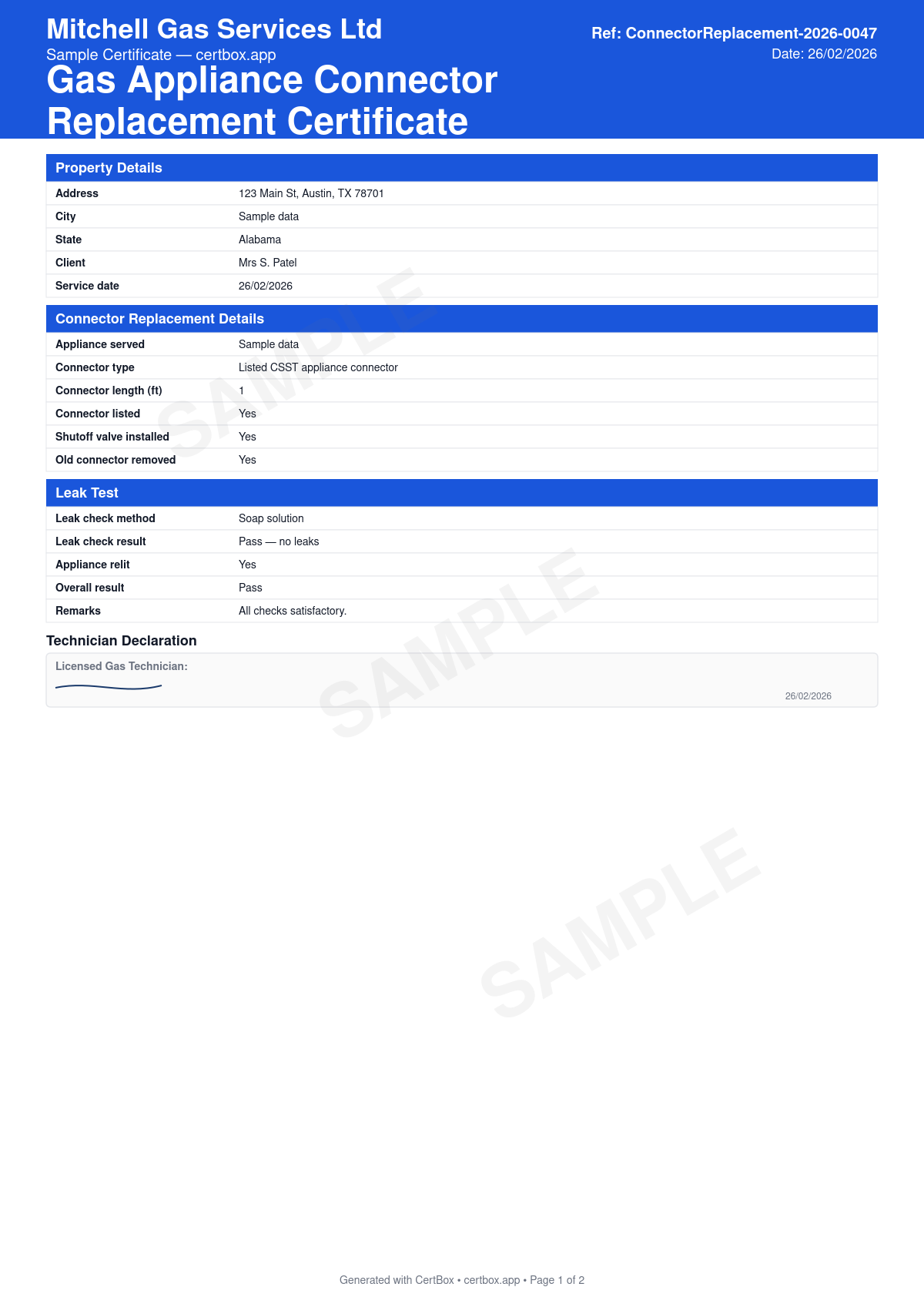 Sample Gas Appliance Connector Replacement Certificate certificate created with CertBox, showing the professional PDF layout with appliance served, old connector condition and reason for replacement, new connector standard and rating