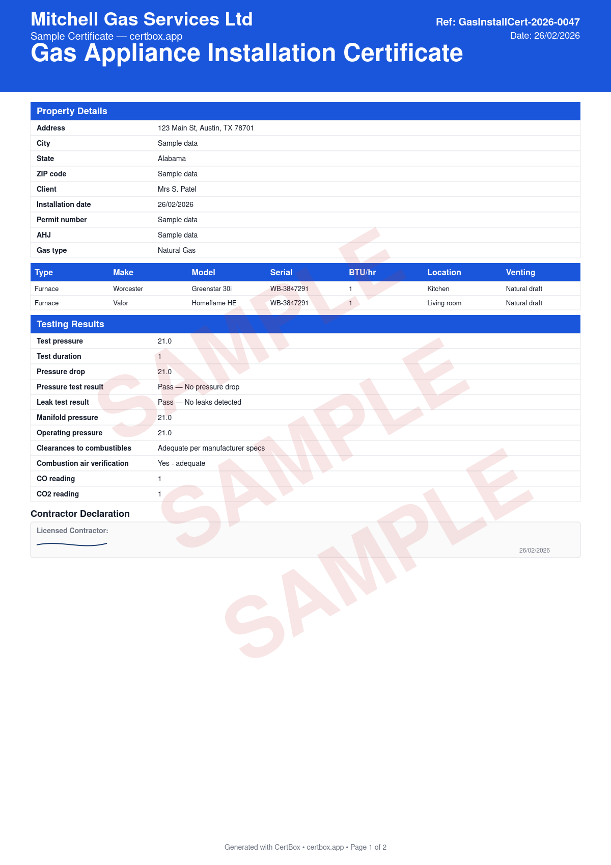 Sample Gas Appliance Installation Certificate certificate created with CertBox, showing the professional PDF layout with gas appliance make, model, and btu rating, gas line connection and leak testing, venting and combustion air verification