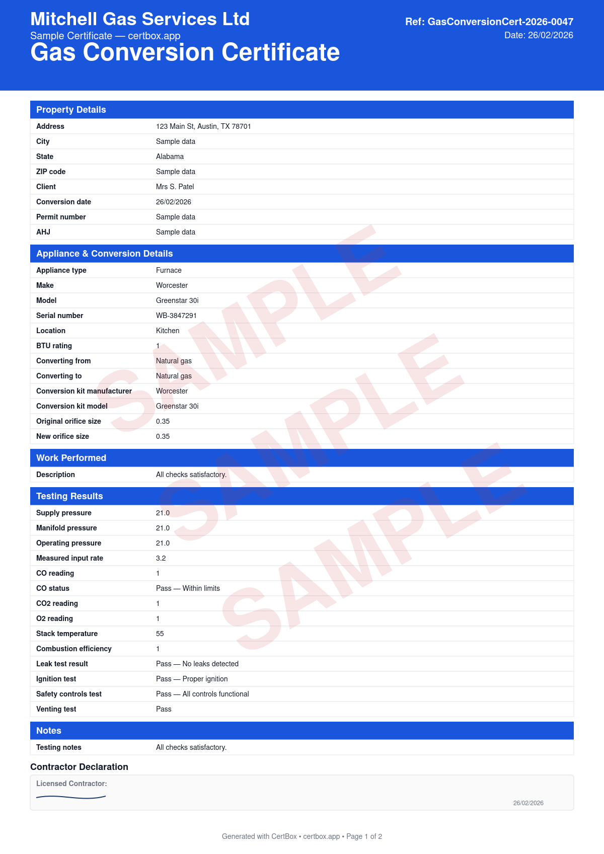 Sample Gas Conversion Certificate certificate created with CertBox, showing the professional PDF layout with appliance identification, original and new fuel type, conversion kit details and orifice sizes