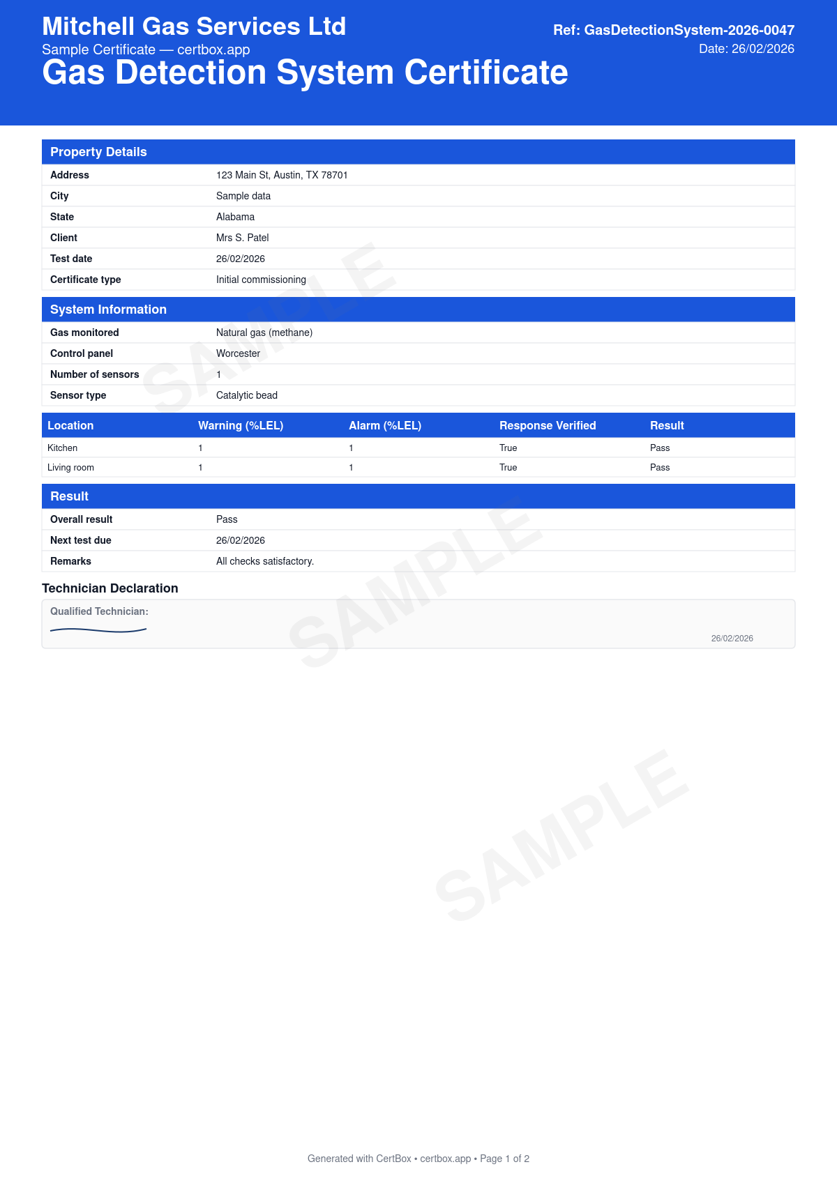 Sample Gas Detection System Certificate certificate created with CertBox, showing the professional PDF layout with detector type and locations, warning and alarm setpoints, calibration gas and results
