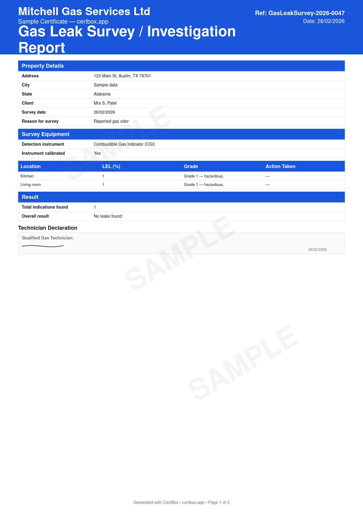 Sample Gas Leak Survey / Investigation Report certificate created with CertBox, showing the professional PDF layout with area or system surveyed, detection method and instrument, leaks found and location