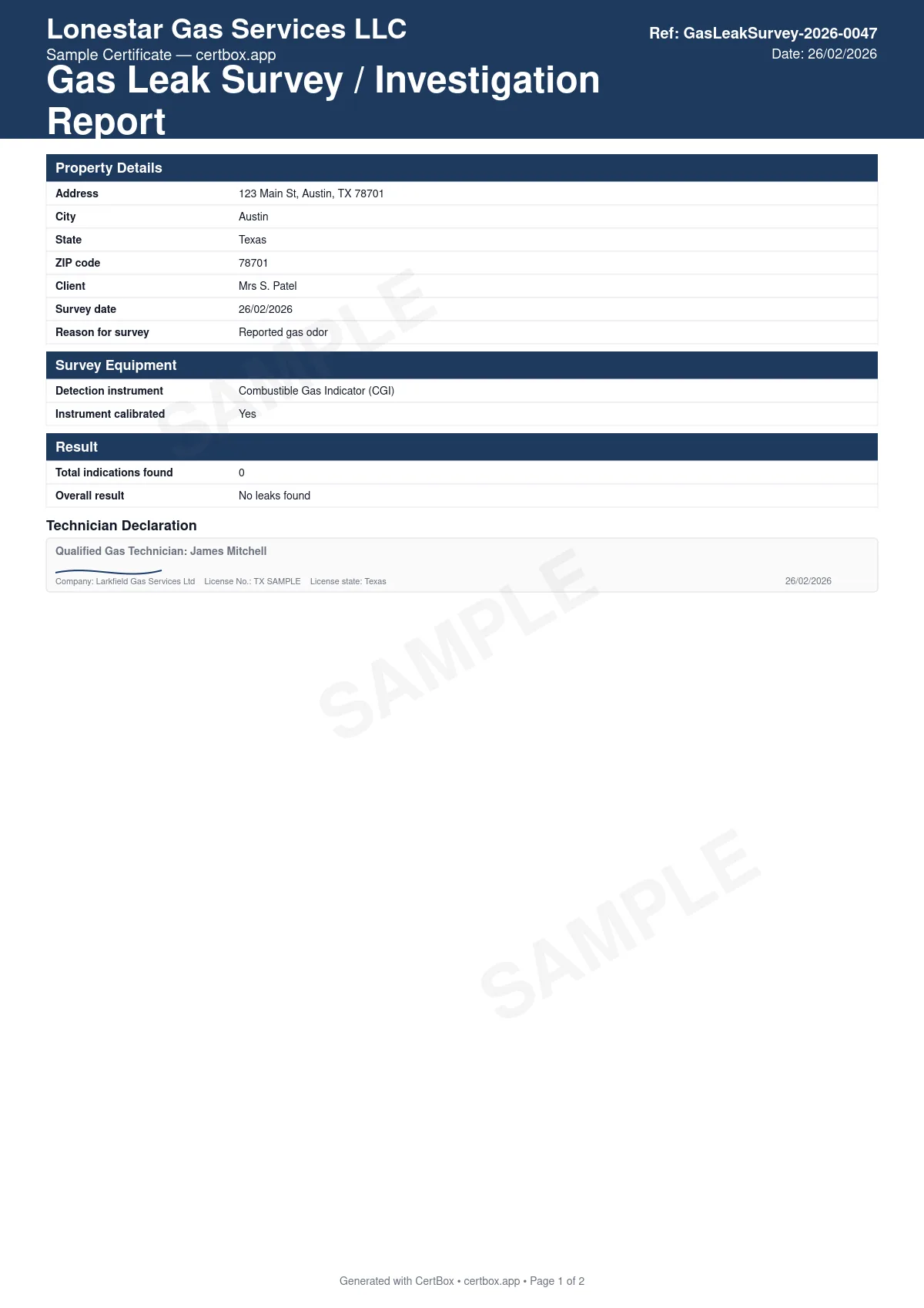 Sample Gas Leak Survey / Investigation Report certificate created with CertBox, showing the professional PDF layout with area or system surveyed, detection method and instrument, leaks found and location