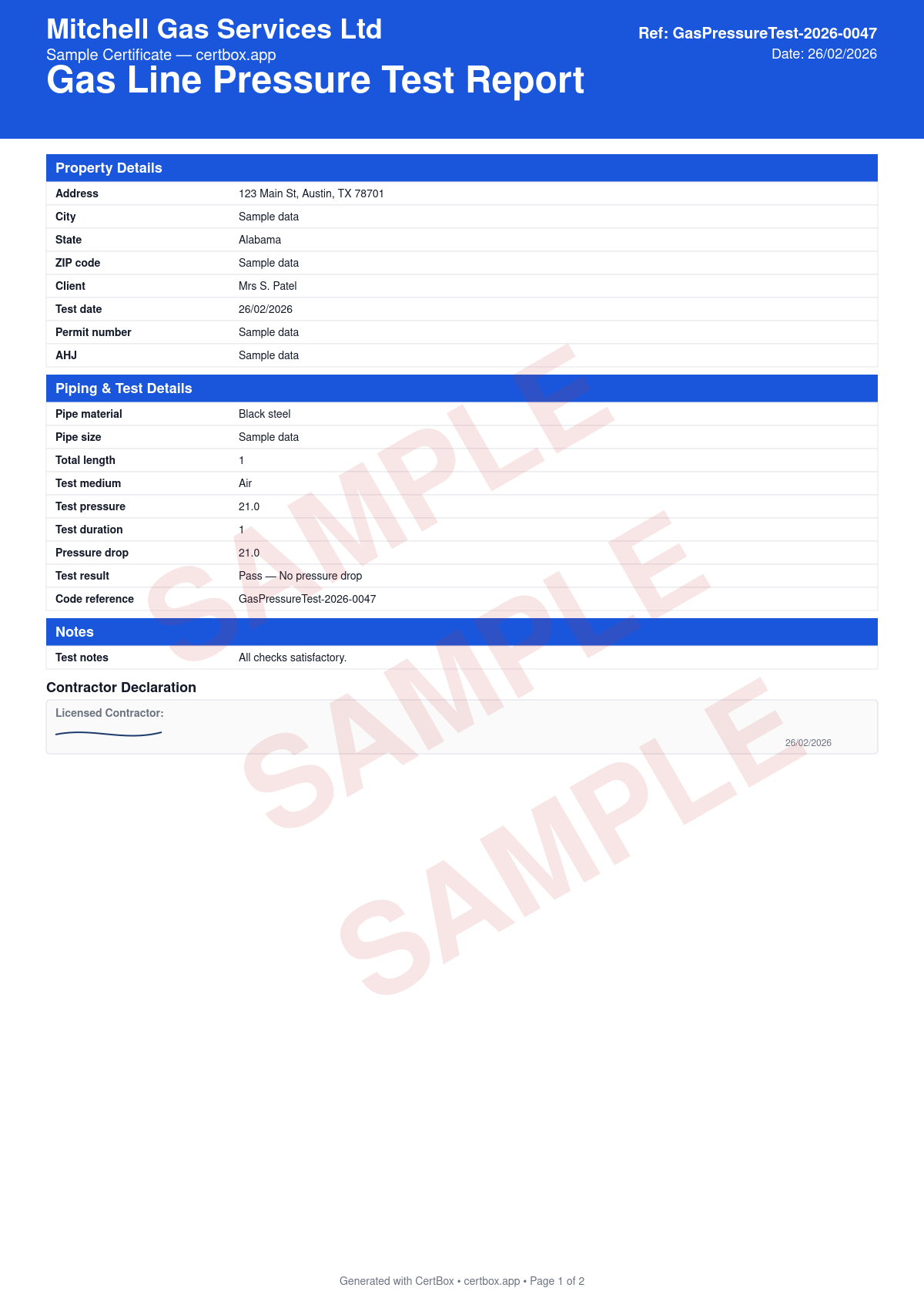 Sample Gas Line Pressure Test Report certificate created with CertBox, showing the professional PDF layout with pipe material and size, test medium and pressure, test duration and pressure drop