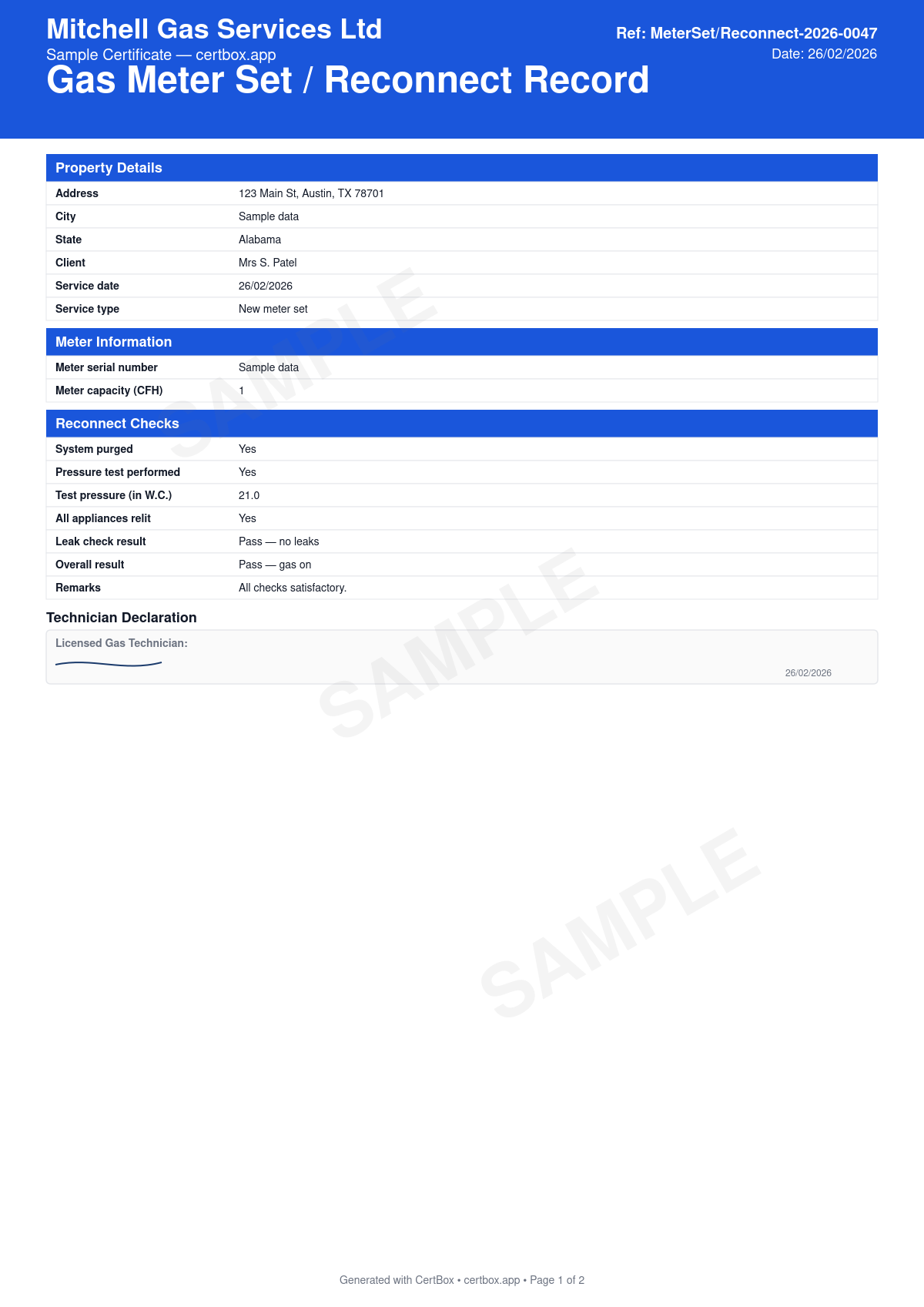 Sample Gas Meter Set / Reconnect Record certificate created with CertBox, showing the professional PDF layout with meter and regulator identification, system pressure test result, appliance relight and safety checks