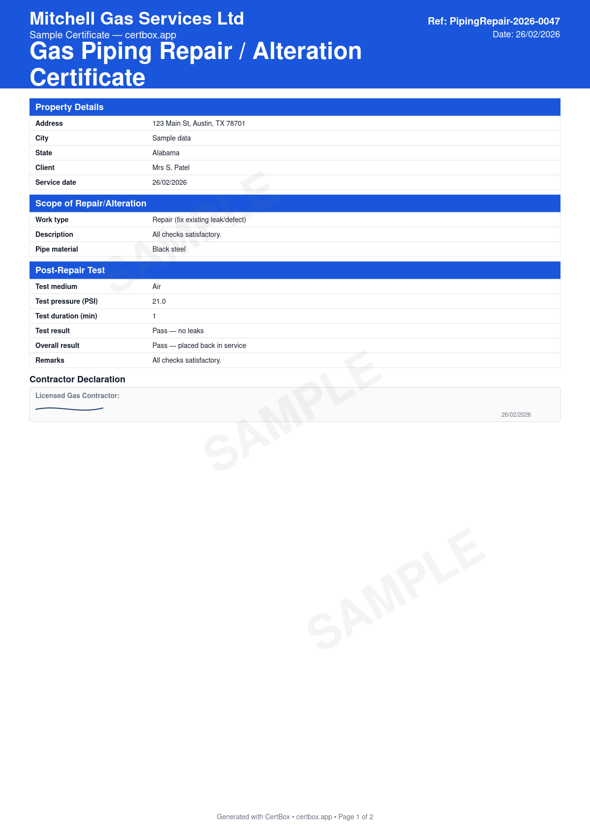 Sample Gas Piping Repair / Alteration Certificate certificate created with CertBox, showing the professional PDF layout with piping section repaired or altered, materials and joining method, isolation of the affected section
