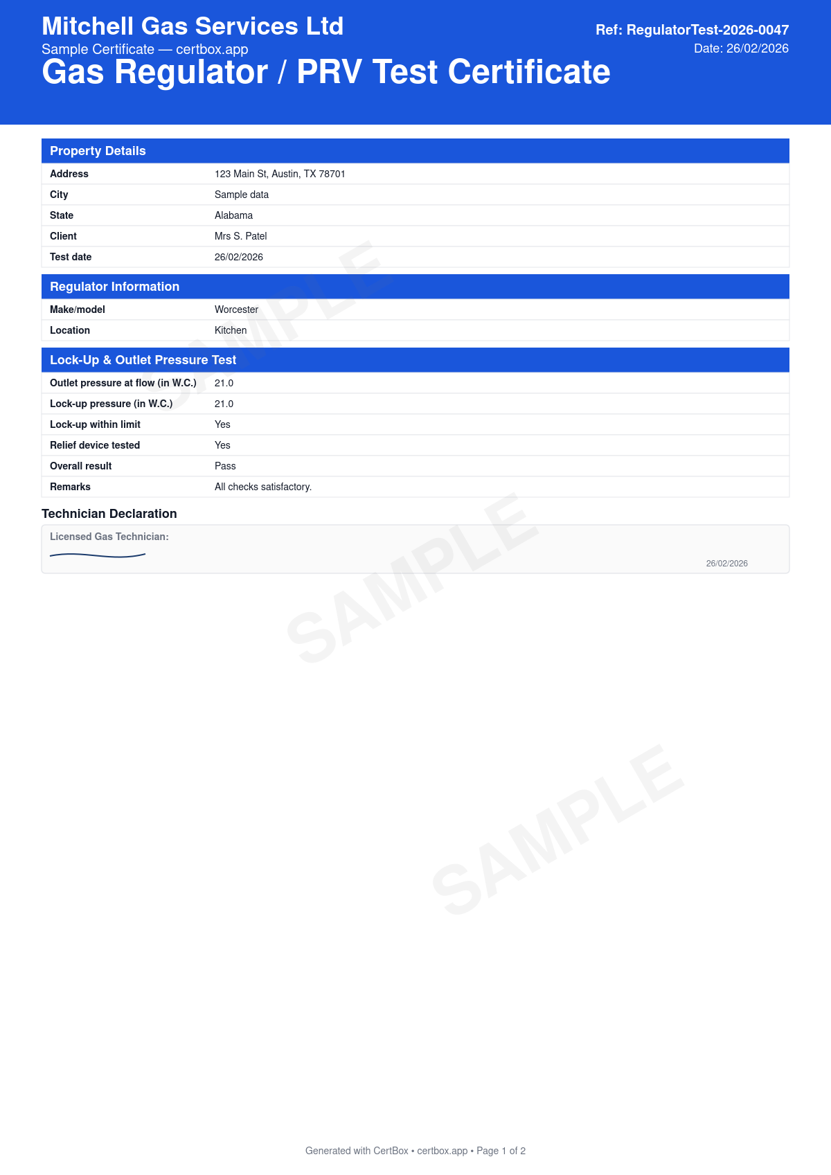 Sample Gas Regulator / PRV Test Certificate certificate created with CertBox, showing the professional PDF layout with regulator or prv identification, inlet and outlet pressure, lock-up (no-flow shut-off) test