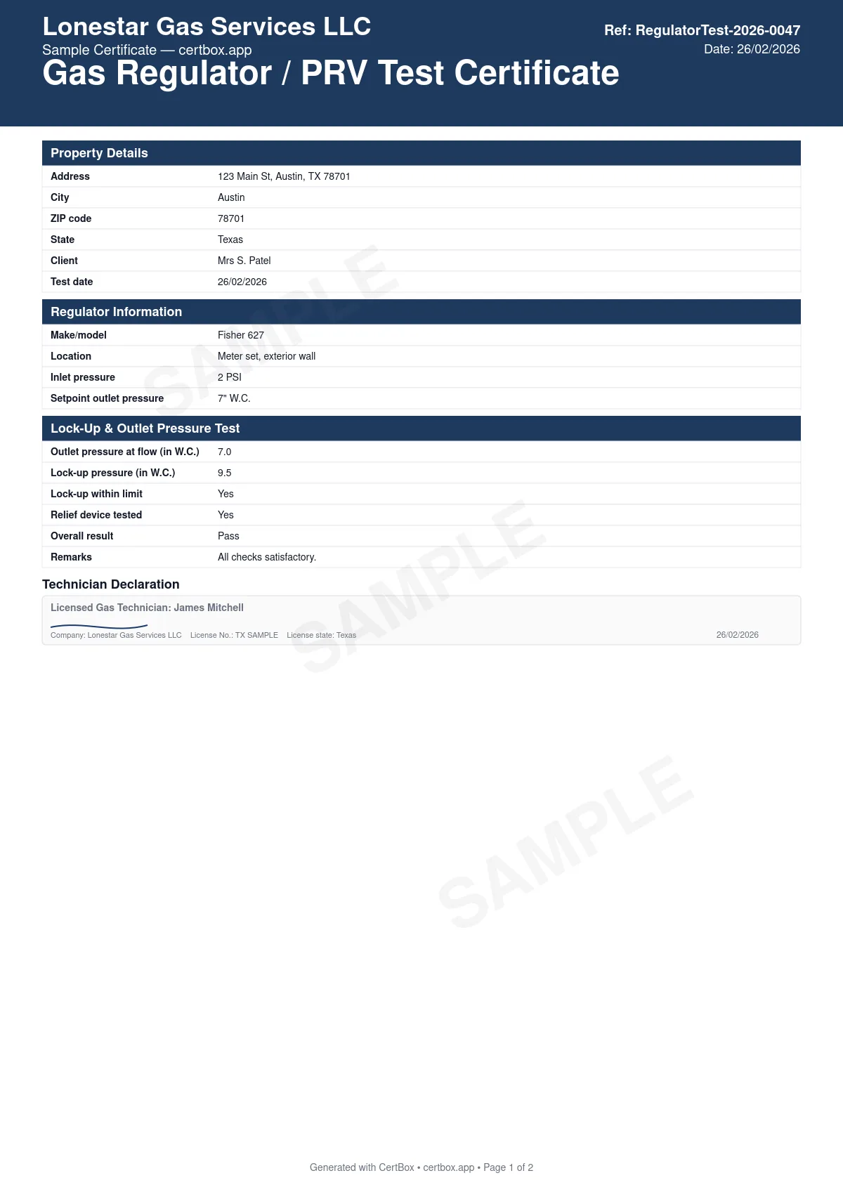 Sample Gas Regulator / PRV Test Certificate certificate created with CertBox, showing the professional PDF layout with regulator or prv identification, inlet and outlet pressure, lock-up (no-flow shut-off) test