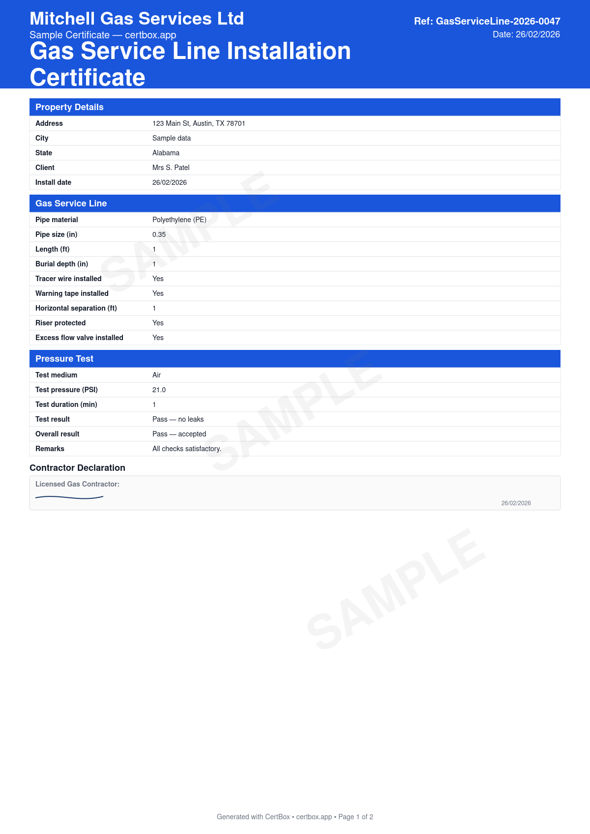 Sample Gas Service Line Installation Certificate certificate created with CertBox, showing the professional PDF layout with pipe material and size, route and burial depth, tracer wire for plastic (pe) pipe