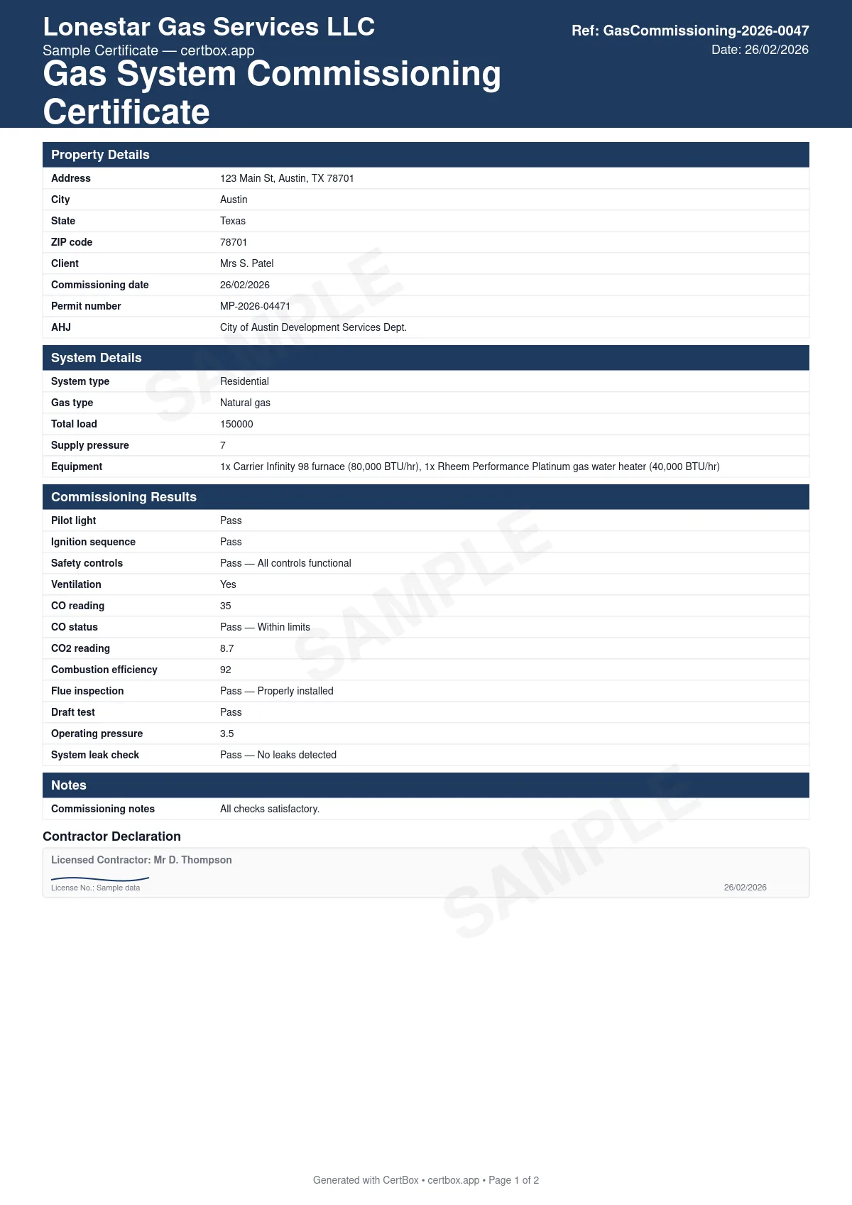 Sample Gas System Commissioning Certificate certificate created with CertBox, showing the professional PDF layout with system type and equipment details, gas supply verification, operating pressure checks