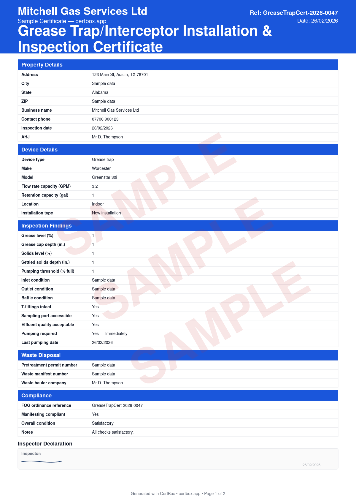 Sample Grease Trap/Interceptor Installation & Inspection Certificate certificate created with CertBox, showing the professional PDF layout with device type, capacity, and location, grease and solids levels, inlet, outlet, and baffle condition