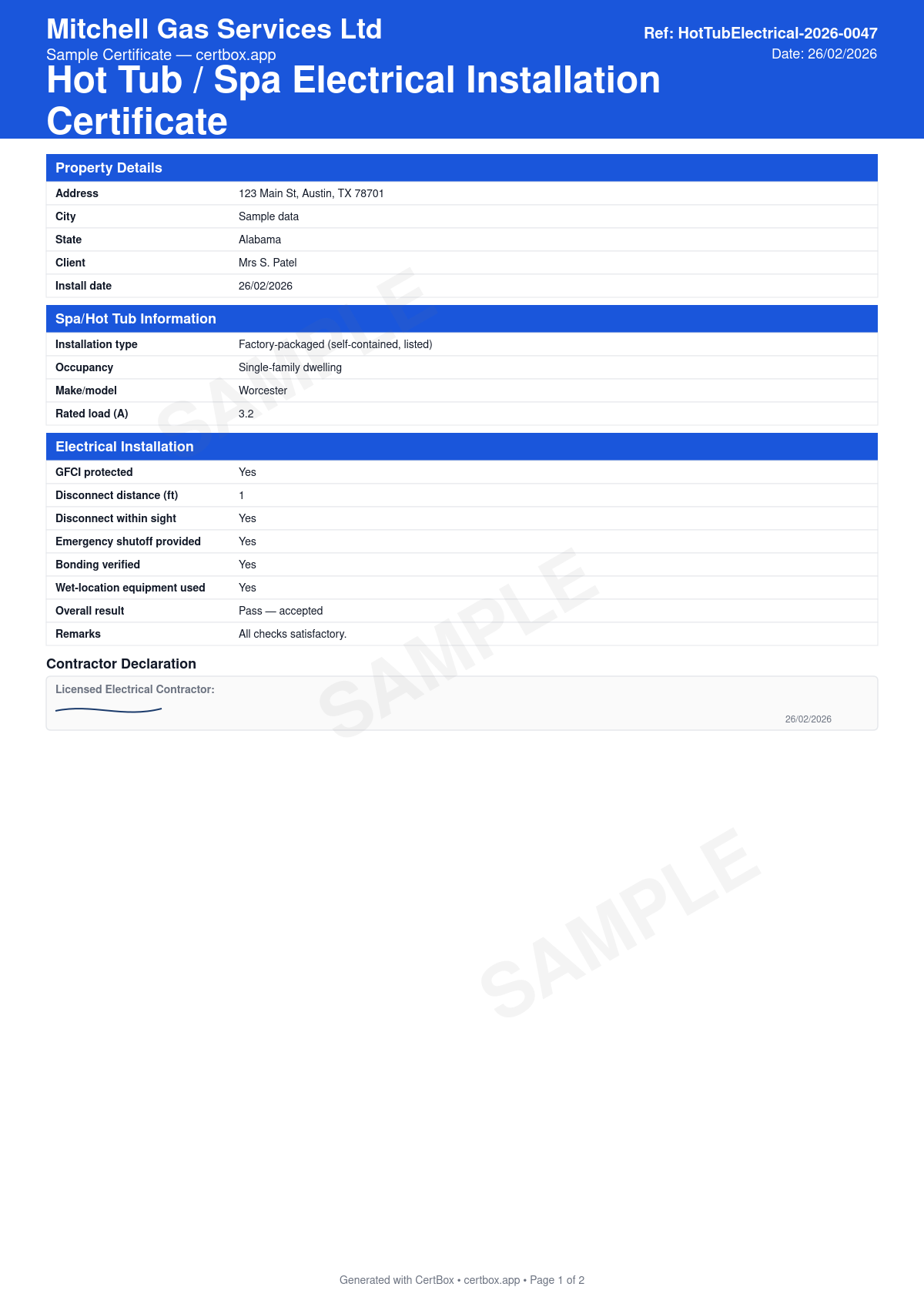 Sample Hot Tub / Spa Electrical Installation Certificate certificate created with CertBox, showing the professional PDF layout with dedicated circuit and conductor size, gfci protection, emergency disconnect location