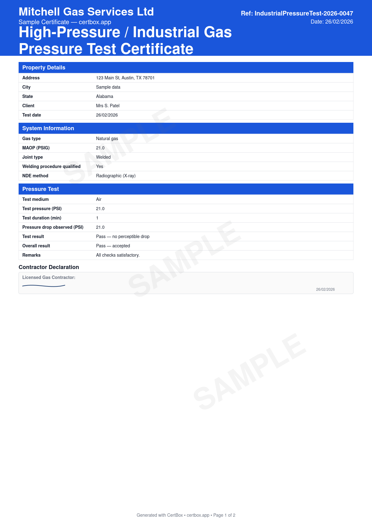 Sample High-Pressure / Industrial Gas Pressure Test Certificate certificate created with CertBox, showing the professional PDF layout with system and operating pressure, joint type and welding qualification, non-destructive examination where required