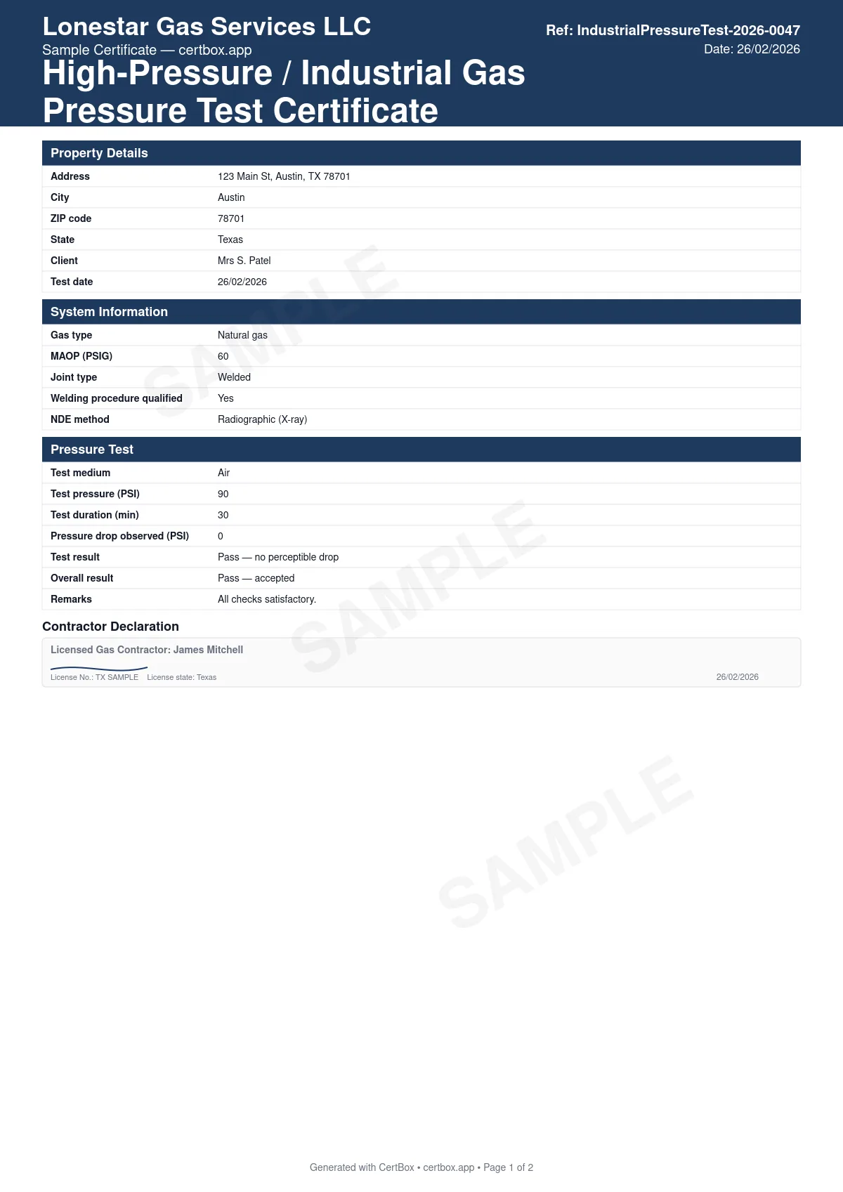 Sample High-Pressure / Industrial Gas Pressure Test Certificate certificate created with CertBox, showing the professional PDF layout with system and operating pressure, joint type and welding qualification, non-destructive examination where required