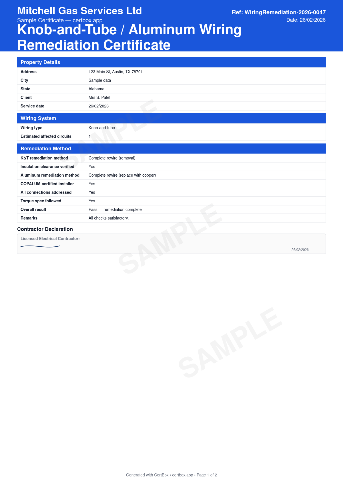 Sample Knob-and-Tube / Aluminum Wiring Remediation Certificate certificate created with CertBox, showing the professional PDF layout with wiring type found (knob-and-tube or aluminum), circuits remediated, method used (replacement, copalum, alumiconn)