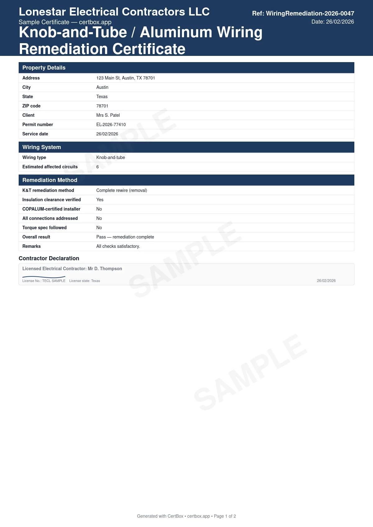 Sample Knob-and-Tube / Aluminum Wiring Remediation Certificate certificate created with CertBox, showing the professional PDF layout with wiring type found (knob-and-tube or aluminum), circuits remediated, method used (replacement, copalum, alumiconn)