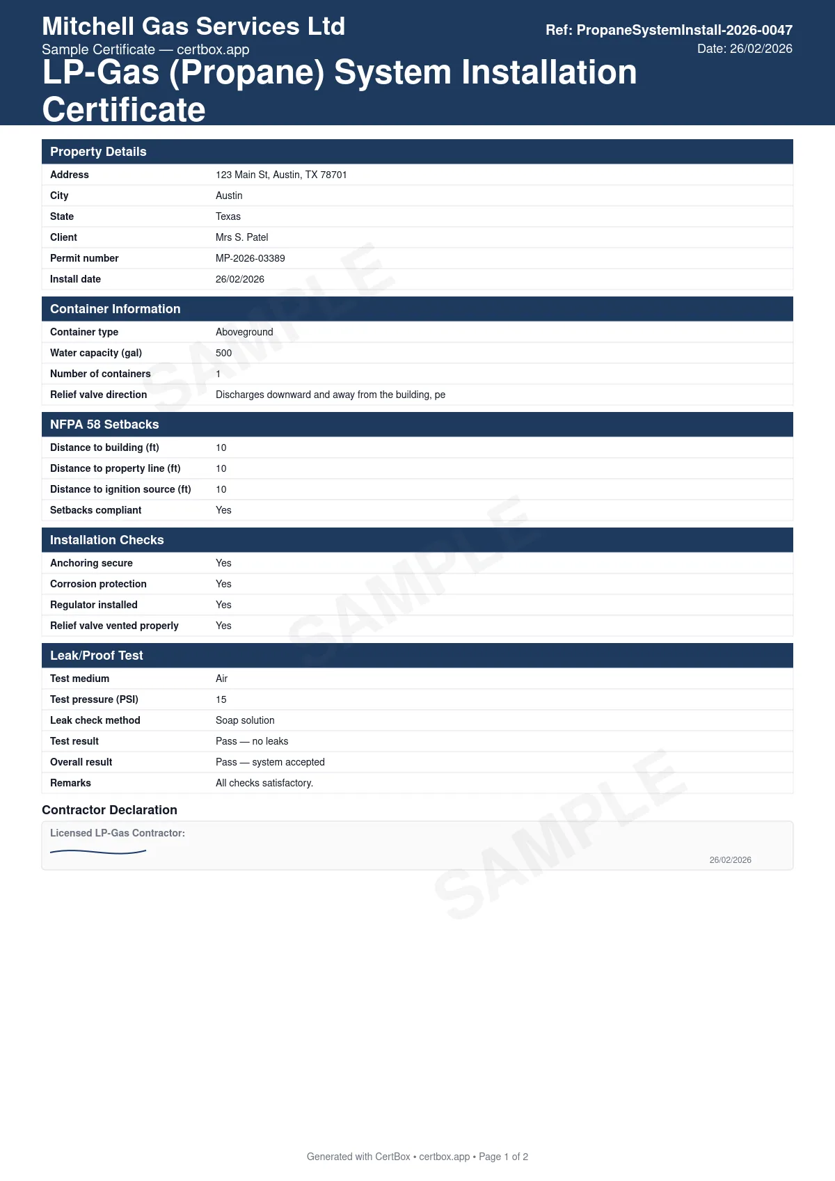 Sample LP-Gas (Propane) System Installation Certificate certificate created with CertBox, showing the professional PDF layout with container type, capacity, and count, nfpa 58 setback distances to buildings, property lines, and ignition sources, anchoring, corrosion protection, and regulator venting checks