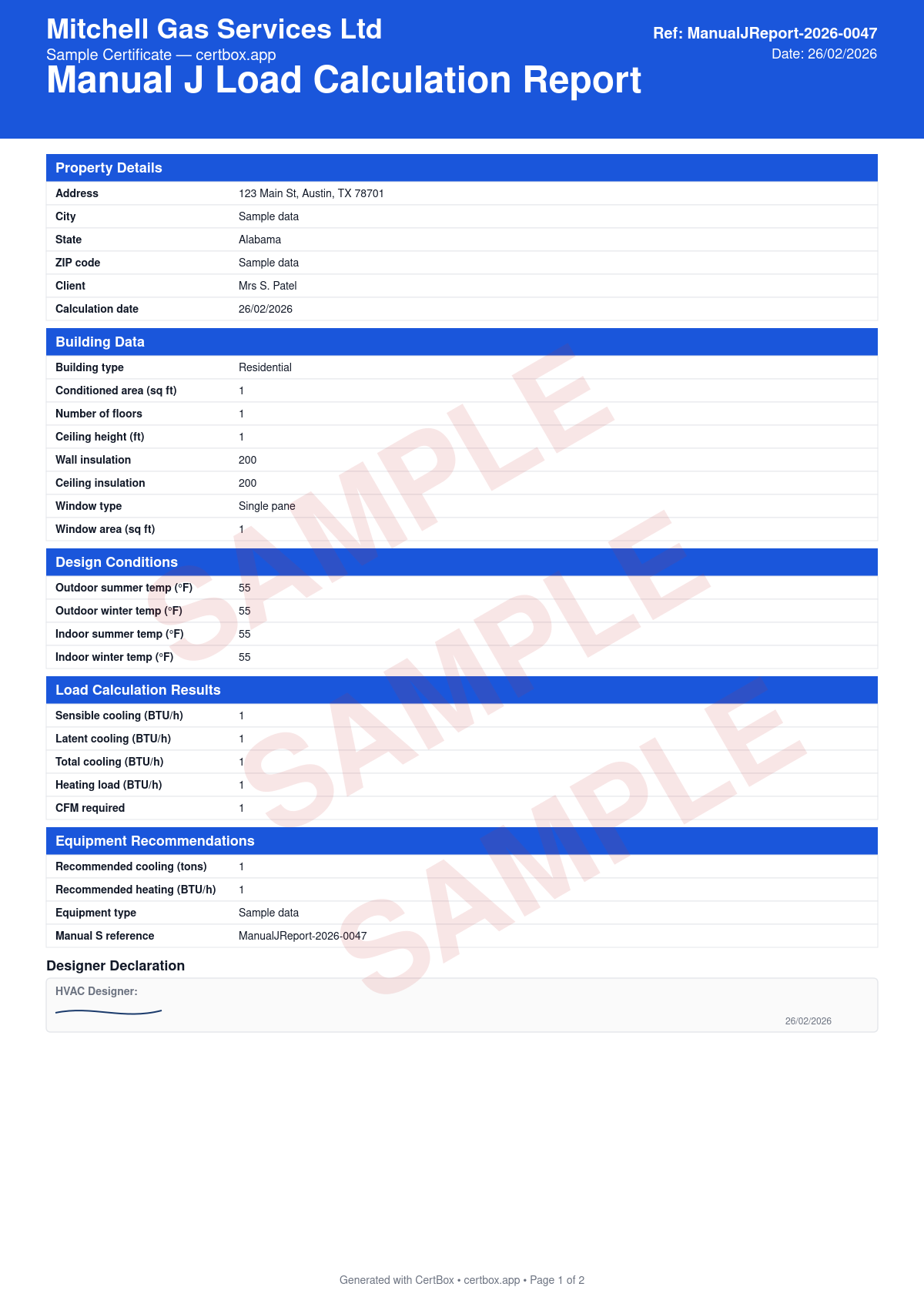 Sample Manual J Load Calculation Report certificate created with CertBox, showing the professional PDF layout with building envelope data (insulation, windows, infiltration), design conditions (outdoor/indoor temperatures), sensible and latent cooling loads