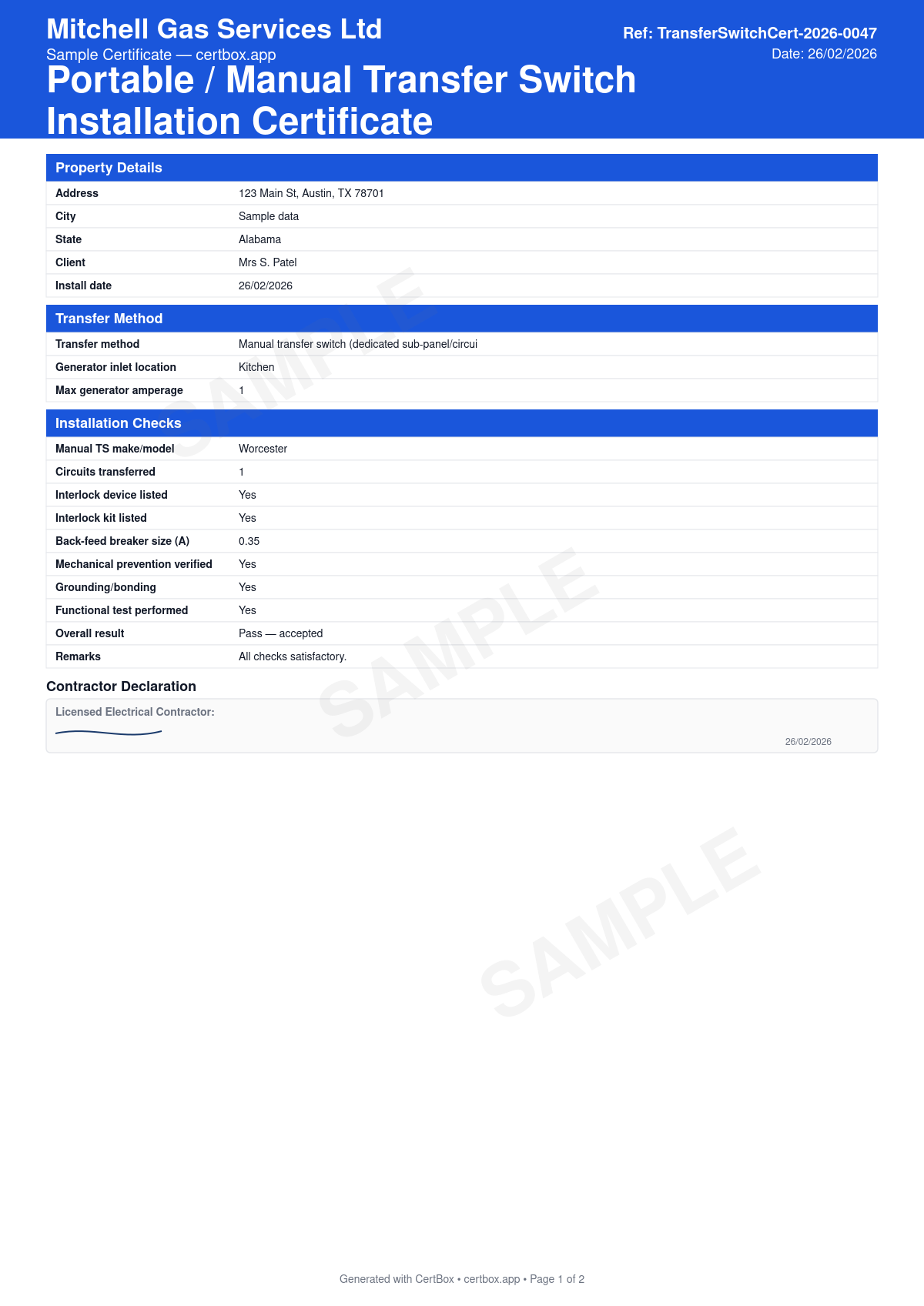 Sample Portable / Manual Transfer Switch Installation Certificate certificate created with CertBox, showing the professional PDF layout with transfer switch or interlock kit type and rating, circuits served by the standby supply, generator inlet and cord rating