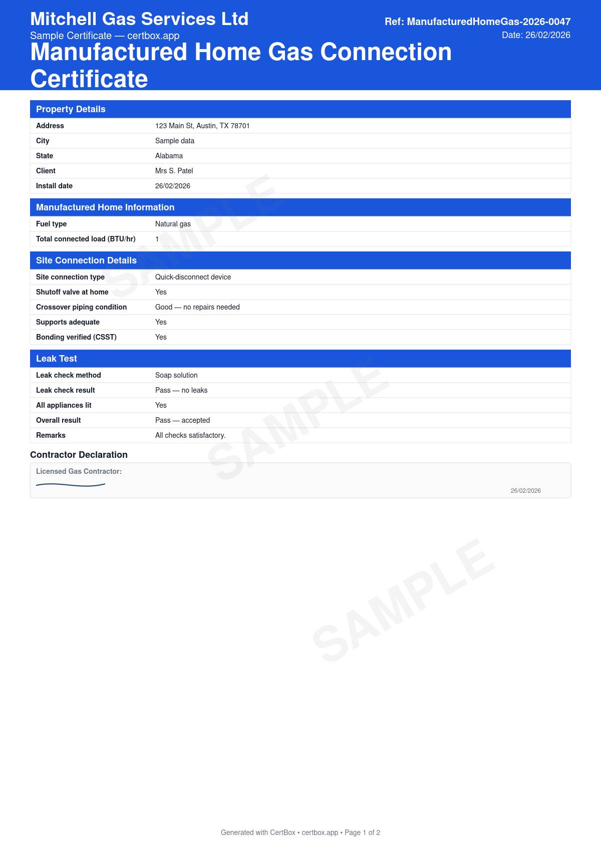 Sample Manufactured Home Gas Connection Certificate certificate created with CertBox, showing the professional PDF layout with home gas inlet and shut-off, flexible connector rating, system pressure test