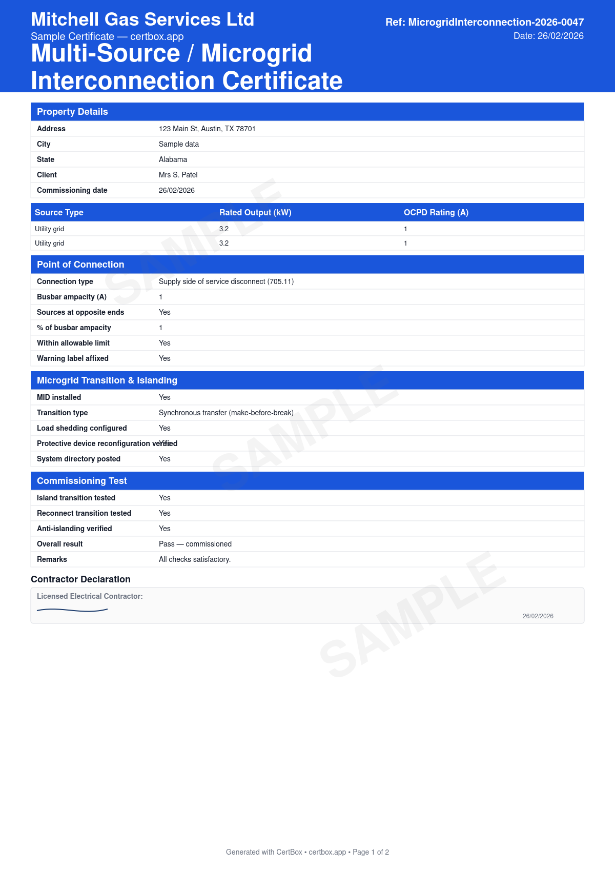 Sample Multi-Source / Microgrid Interconnection Certificate certificate created with CertBox, showing the professional PDF layout with interconnected sources and ratings, point of interconnection and busbar loading, overcurrent and back-feed protection