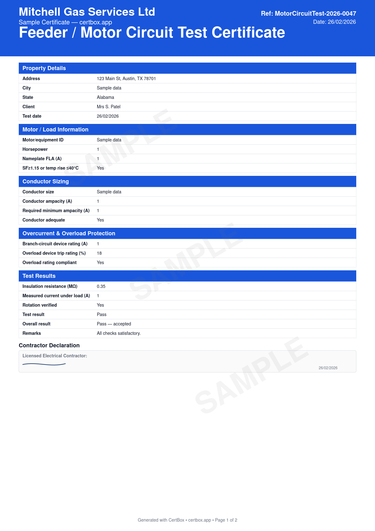 Sample Feeder / Motor Circuit Test Certificate certificate created with CertBox, showing the professional PDF layout with motor nameplate and full-load current, conductor size vs required ampacity, overload device rating