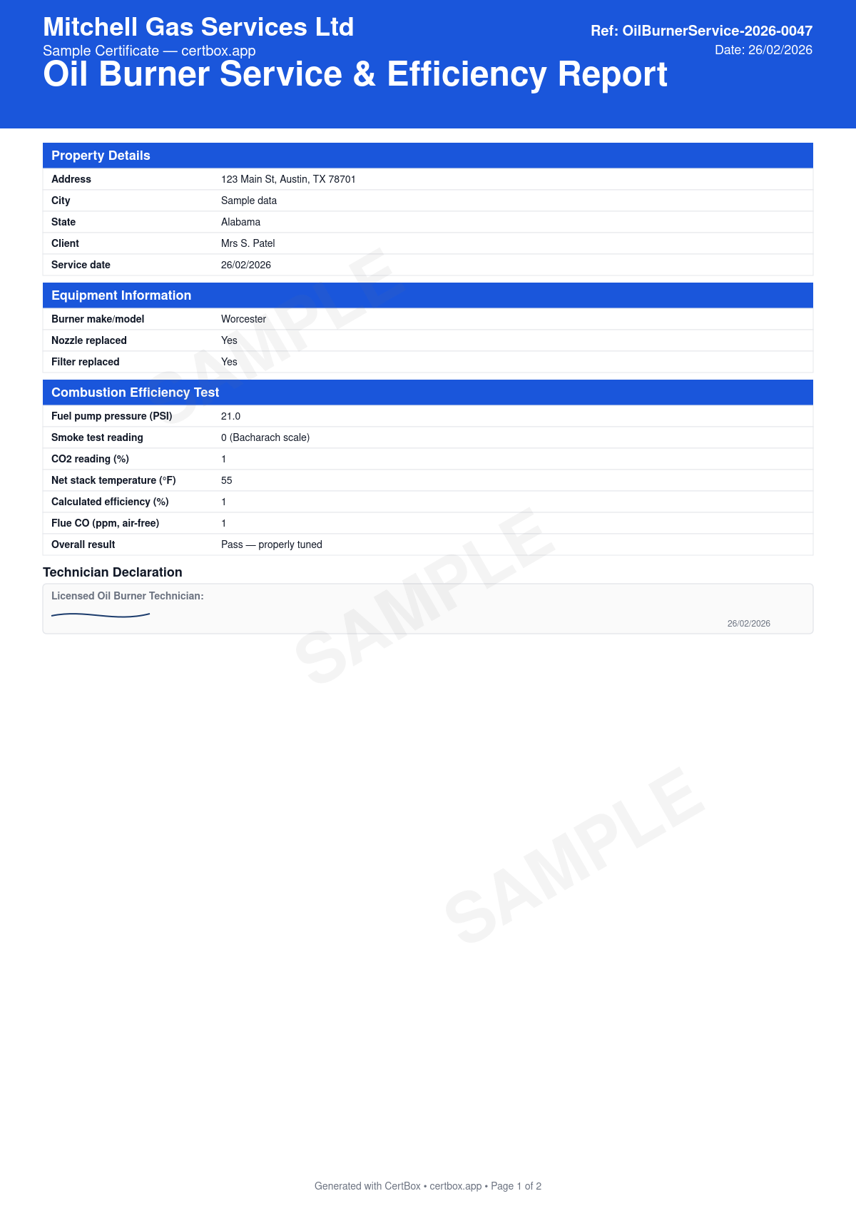 Sample Oil Burner Service & Efficiency Report certificate created with CertBox, showing the professional PDF layout with nozzle, filter and strainer service, electrode and pump pressure check, combustion readings (co2/o2, stack temp, smoke)
