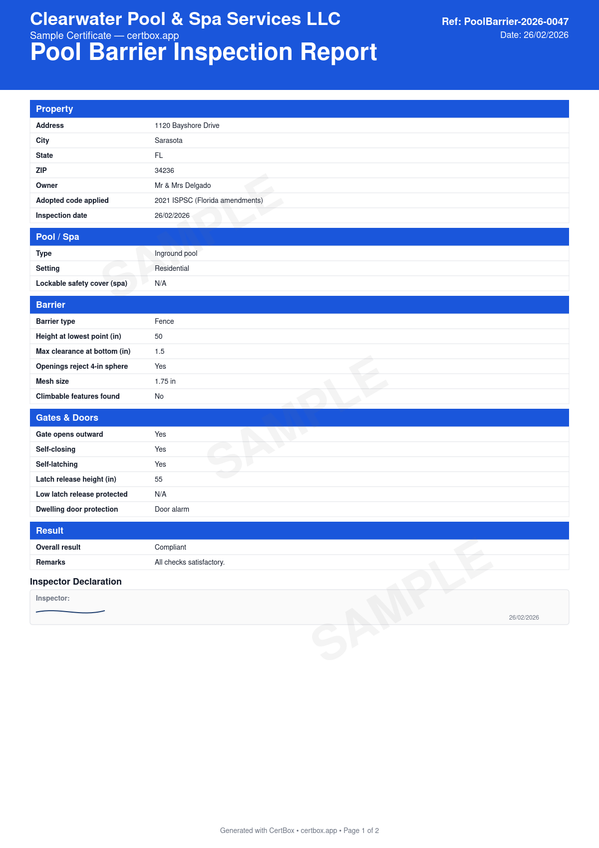 Sample Pool Barrier Inspection Report certificate created with CertBox, showing the professional PDF layout with barrier height and bottom clearance, 4-inch sphere opening test, gate direction, self-closing and self-latching