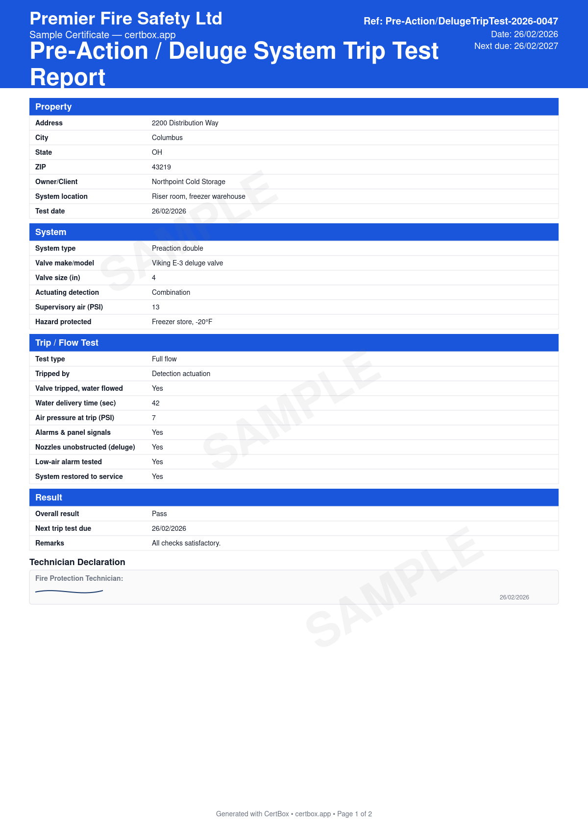Sample Pre-Action / Deluge System Trip Test Report certificate created with CertBox, showing the professional PDF layout with system and valve identification, interlock type and actuating detection, full-flow or controlled trip result